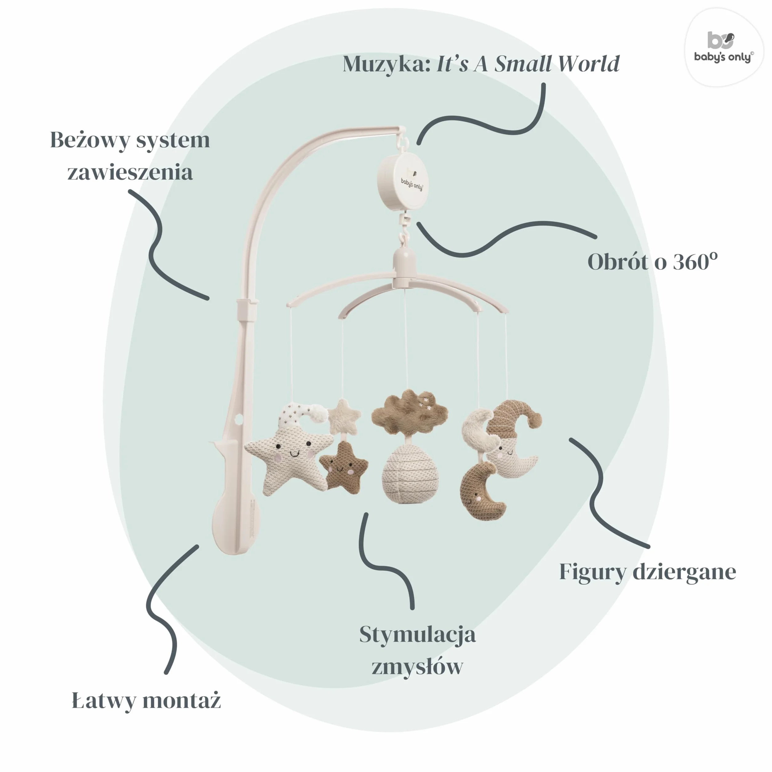Baby's Only - Karuzela muzyczna Heaven dla niemowląt - Z figurkami dzianinowymi - Pozytywka z muzyką - Karuzela dla niemowląt z muzyką - Dla chłopców i dziewczynek - Clay/Warm Linen