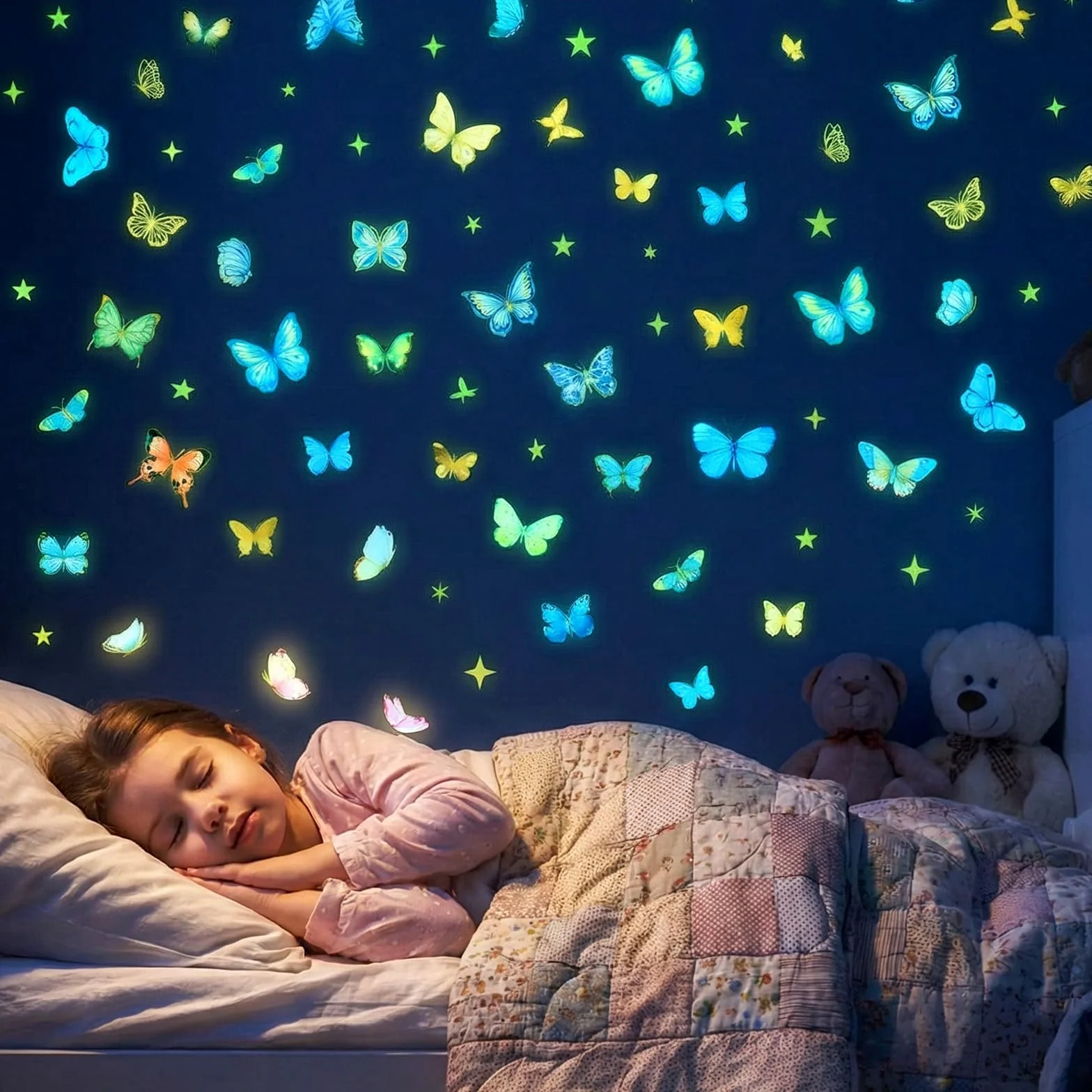 Dziewczęca naklejka na ścianę, motyl 3D, samoprzylepna, naklejka na ścianę, świecąca naklejka na sufit, zdejmowana, do pokoju dziecięcego, salonu
