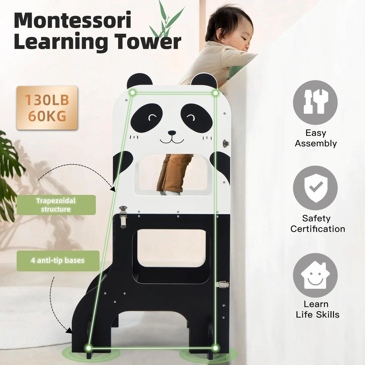 labebe Montessori Learning Tower, składana wieża edukacyjna dla dzieci, 2 w 1, z tablicami informacyjnymi, od 1 roku życia, panda