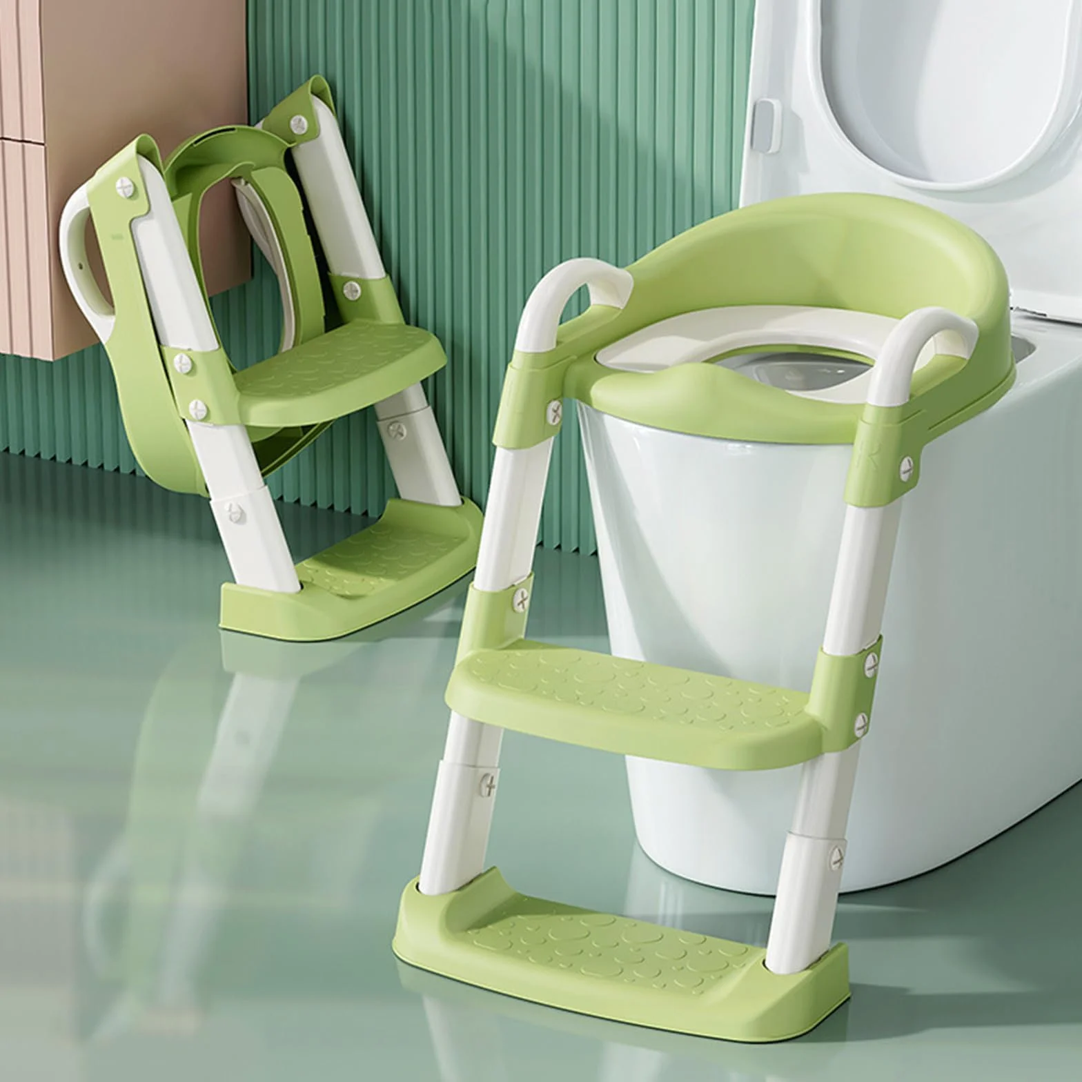 Deska sedesowa dla dzieci, regulowana drabina z miękką poduszką PU, przenośny trener toaletowy, numer modelu produktu YT-808, cyjan green