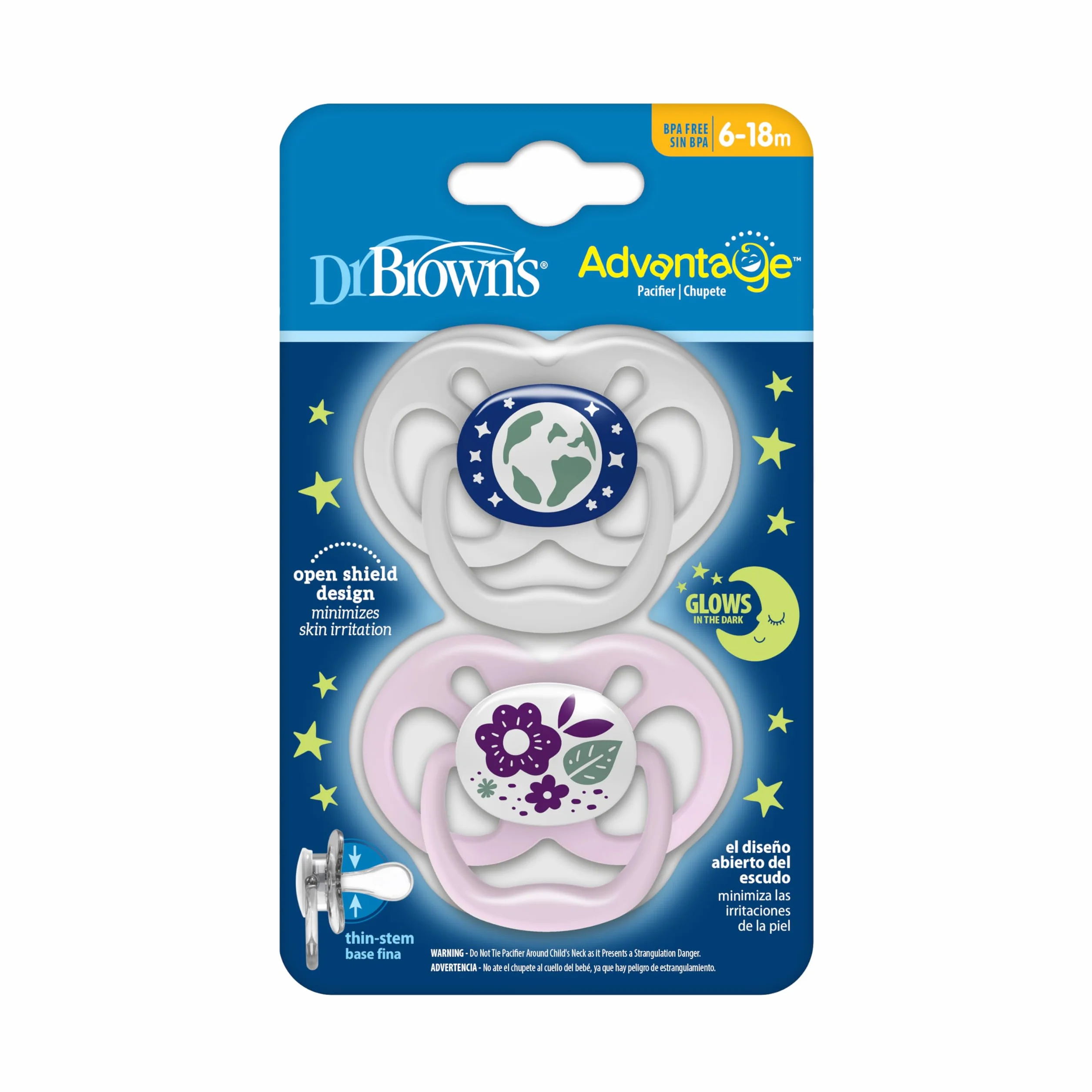 Dr. Brown's Advantage Smoczki dla niemowląt, świecące w ciemności, smoczki 6-18 miesięcy, różowe, 2 szt