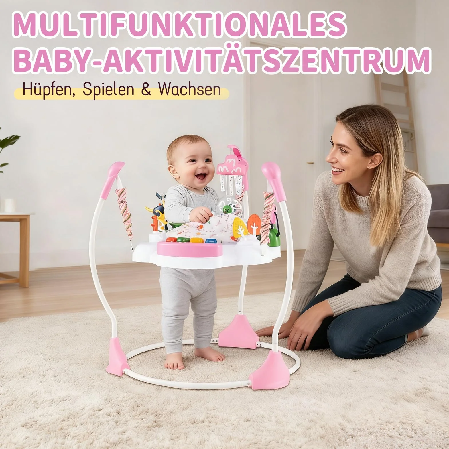 COSTWAY Baby Rainforest Jumperoo pomoc do nauki chodzenia z regulowanymi wysokościami, obracane o 360° siedzisko i zdejmowany tablet muzyczny, Baby Bouncer z oświetleniem i dźwiękiem, centrum