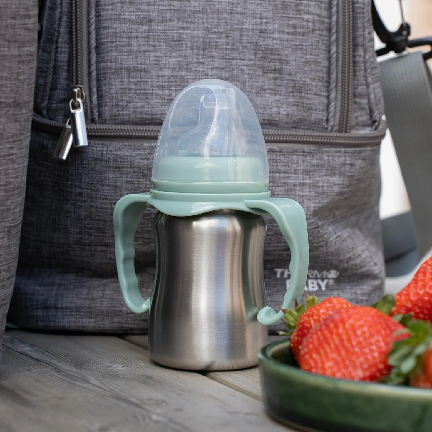 THERMOBABY - Kubek ze stali nierdzewnej dla niemowląt z uchwytami i silikonowym smoczkiem - zapobiegający przeciekaniu - 180 ml - łatwy do czyszczenia - trwały - idealny do pracy dziecka - zielony