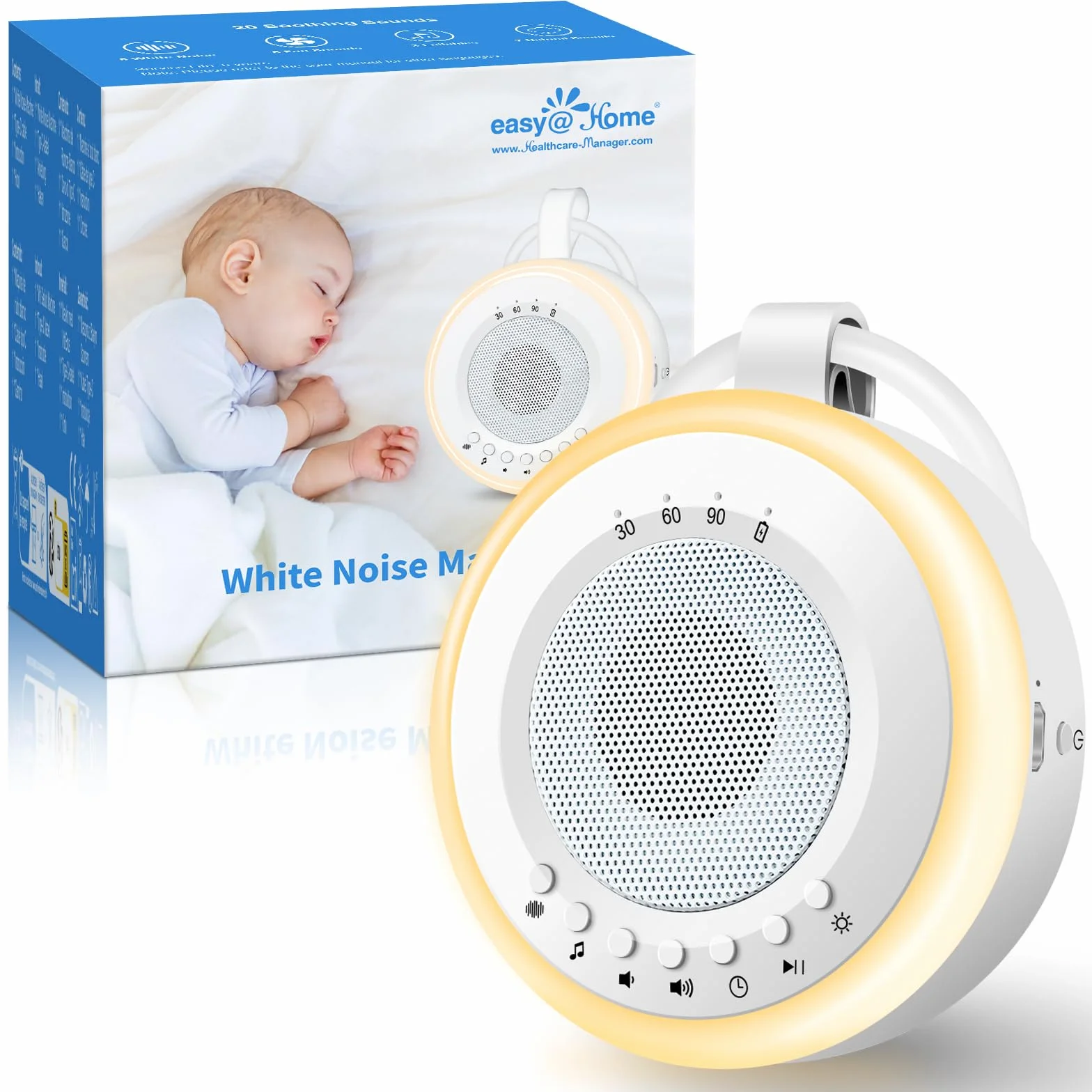 Easy@Home White Noise Machine: Przenośna maszyna dźwiękowa dla niemowląt 34 kojące kołysanki i dźwięki natury | 3 zestawy timerów | Lampka nocna | Niezbędniki dla noworodka (58 * 111 * 112 mm)