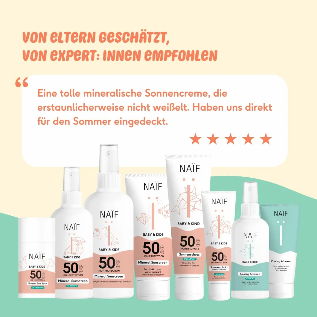Naïf Spray przeciwsłoneczny na bazie mineralnej – dla niemowląt i dzieci – LSF 50 – spray bez oktokrylenu – ochrona UVA i UVB – odporny na działanie wody – testowany dermatologicznie – bez