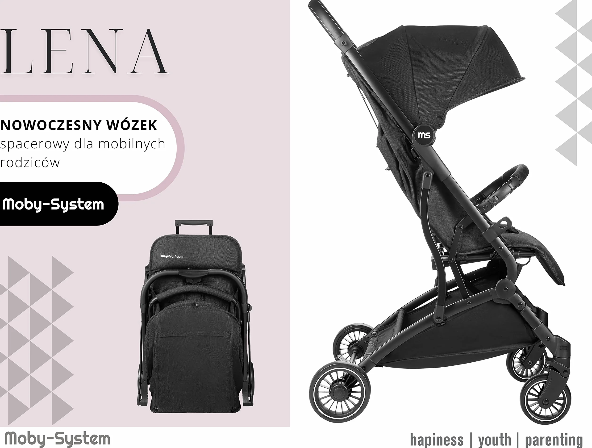 Moby-System Wózek Dziecięcy Składany, Kompaktowa Spacerówka dla Dzieci do 15 kg, 6-36 Miesięcy, Wózek do Samolotu, Duży Kosz na Zakupy, Pokrowiec i Folia Przeciwdeszczowa w Zestawie, Czarny