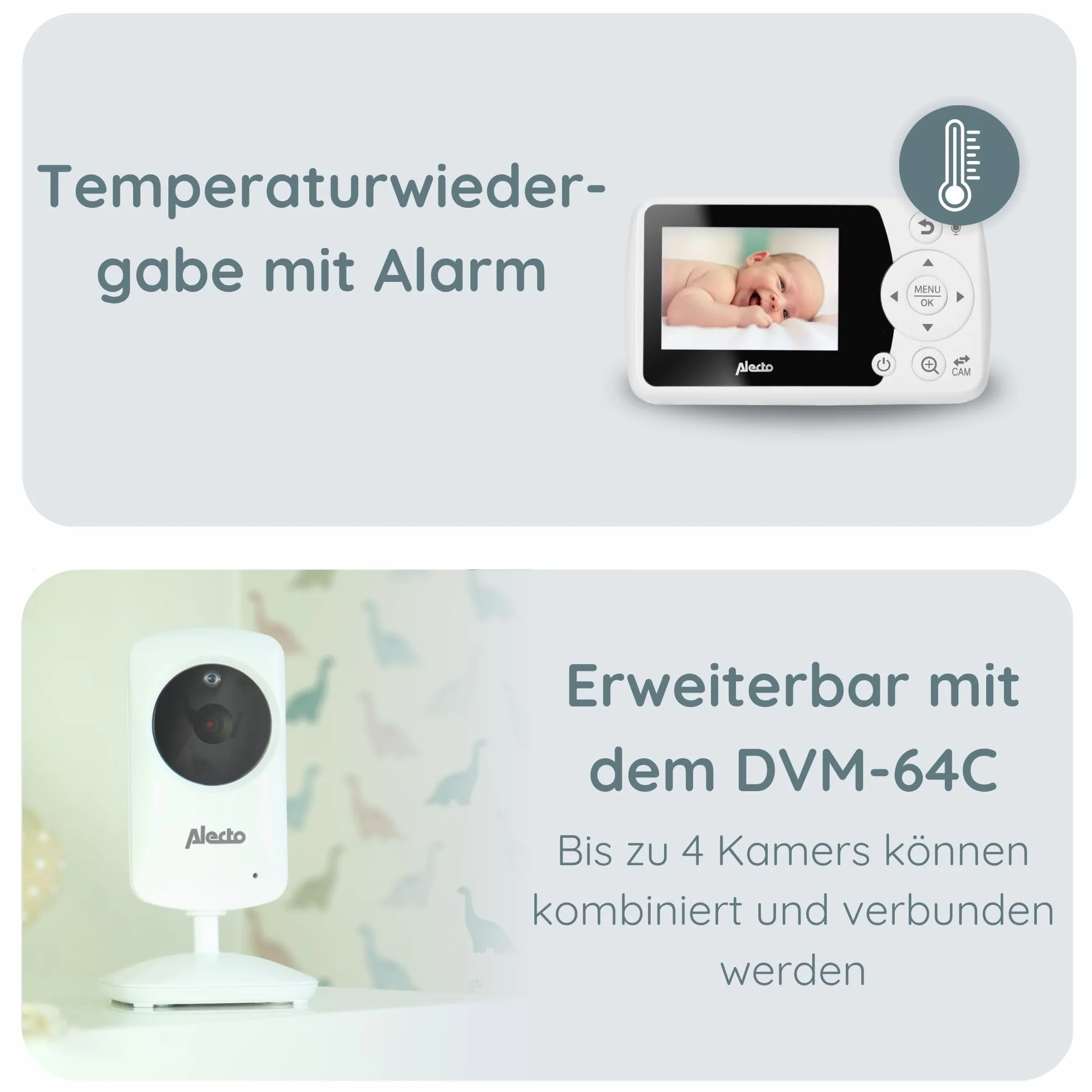 Alecto DVM-64 bezprzewodowa niania z kamerą elektroniczną (100% bezawaryjna i prywatna) z obrotową kamerą wideo, noktowizorem, funkcją interkomu, duży zasięg, biała
