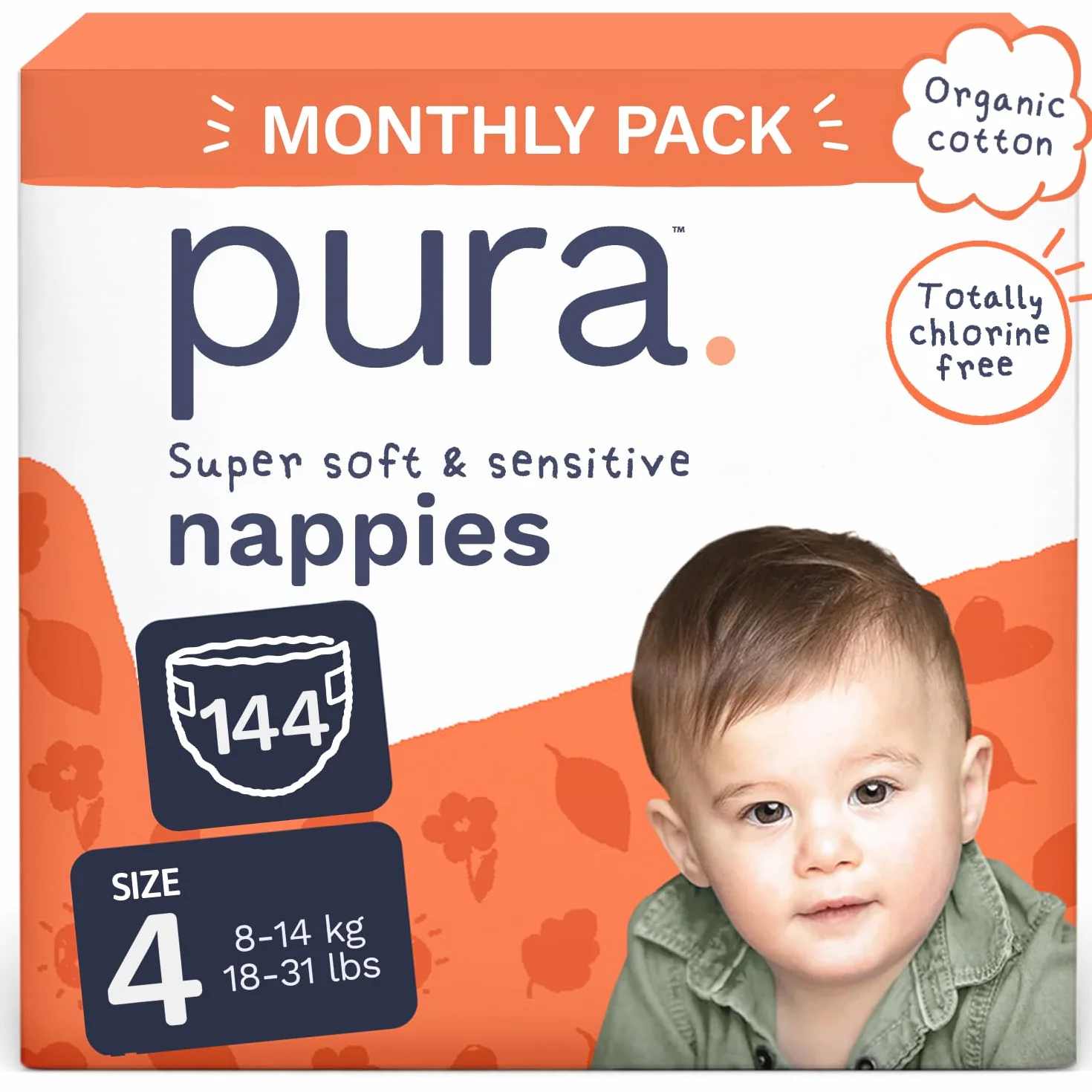 Pura Ekologiczne pieluchy dla niemowląt, rozmiar 4 (8-14 kg), 6 x 24 pieluchy (łącznie 144), opakowanie miesięczne, ultramiękkie pieluchy dla skóry wrażliwej, bawełna organiczna, ochrona przed