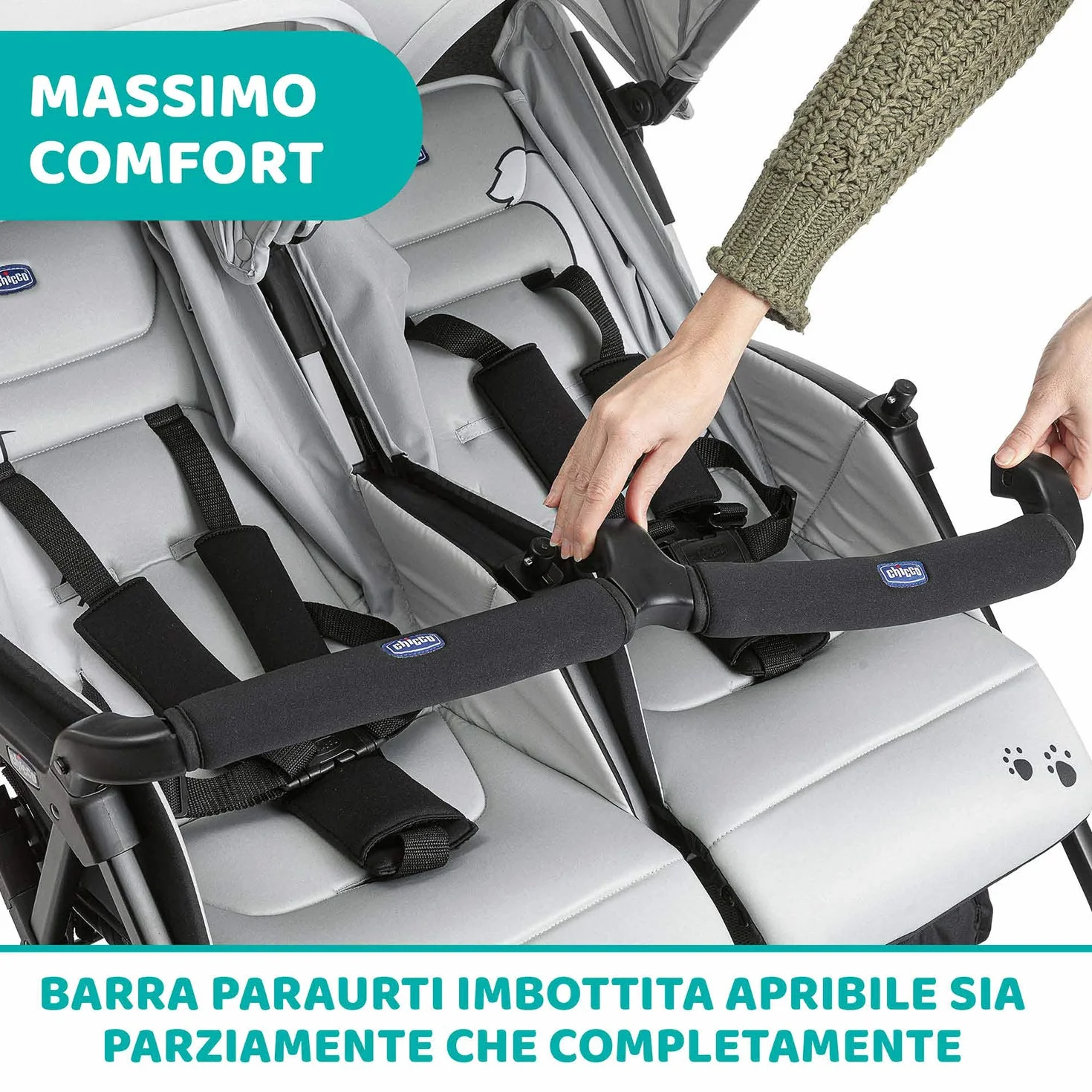 Chicco OHlalà Twin Podwójny Wózek Spacerowy od Urodzenia do 15 kg dla Bliźniaków i Rodzeństwa, Lekki Rozkładany i Składany Wózek, Kompaktowy po Złożeniu, Okrycie Przeciwdeszczowe i Powiększana Budka