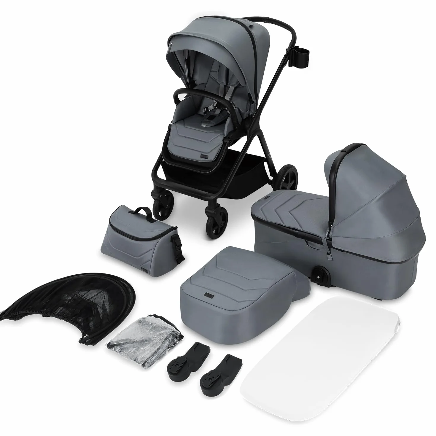 MoMi GISELLE Wózek dziecięcy kombi 2 w 1 z funkcją buggy, 5-punktowy pas bezpieczeństwa, od 1. dnia życia, do 22 kg masy ciała (wózek), kosz na zakupy, materac, ochrona przed deszczem i torba do