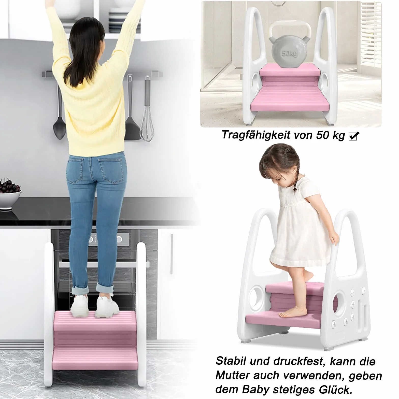 UISEBRT Taboret dla dzieci, 2 poziomy, stołek dziecięcy, dla małych dzieci, wieża do nauki, antypoślizgowa, z tworzywa sztucznego, do łazienki, sypialni, kuchni, pokoju dziecięcego, różowy