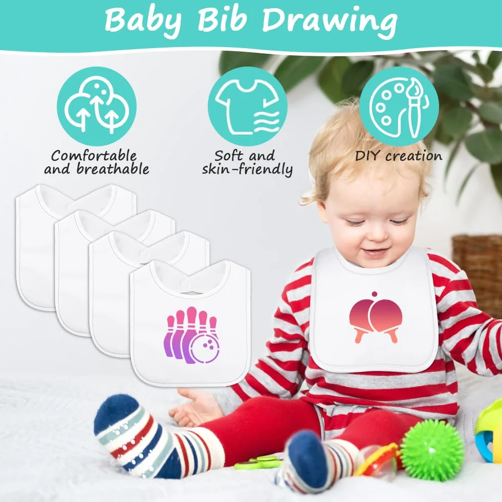Vicloon Śliniaki dla niemowląt do malowania, 38 szt., do zabawy na baby shower, biały zestaw śliniaków z 12 śliniakami dla maluchów, 14 szablonów, 12 długopisów, prezent dla noworodka