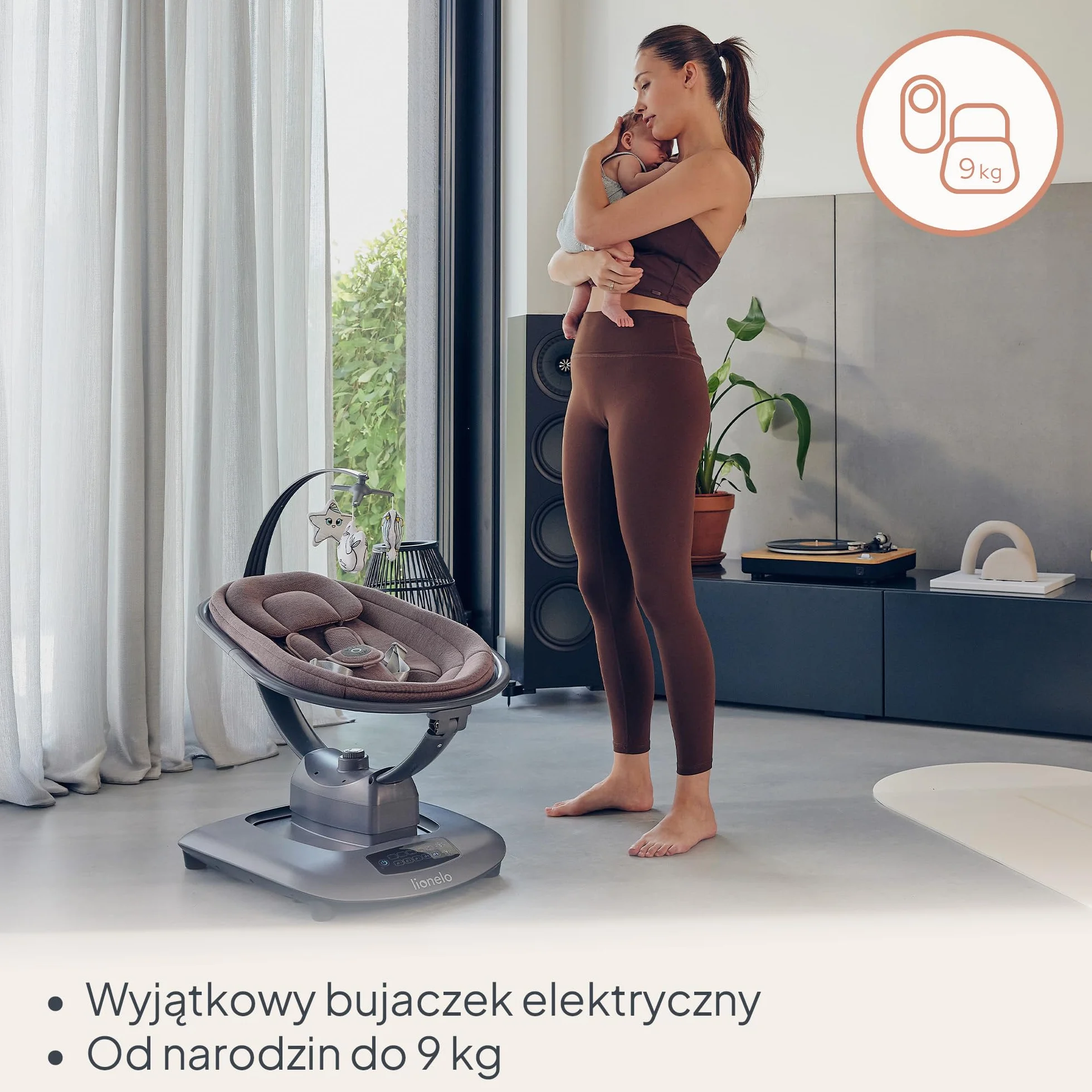 LIONELO BLOSSOM Elektryczny Bujaczek Niemowlęcy do 9 kg Leżaczek dla Dzieci Regulacja Oparcia Naturalne Kołysanie 5 Prędkości Ergonomiczne Siedzisko Bluetooth Pilot, 5 Melodii