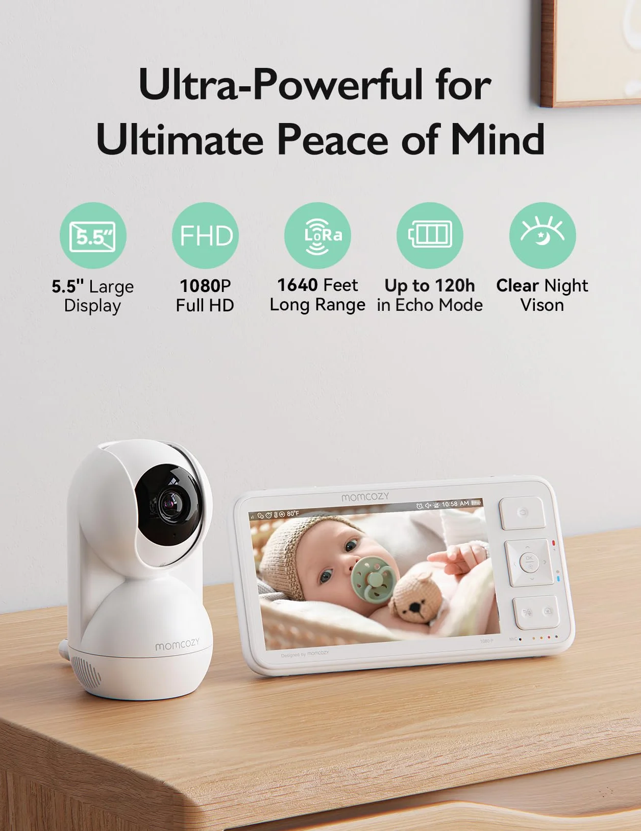 momcozy BM03 Video niania elektroniczna, 5,5 cala 1080p FHD niania z kamerą bez Wi-Fi, noktowizor na podczerwień, VOX, 2-drożne audio, zasięg 500 m, lokalne nagrywanie