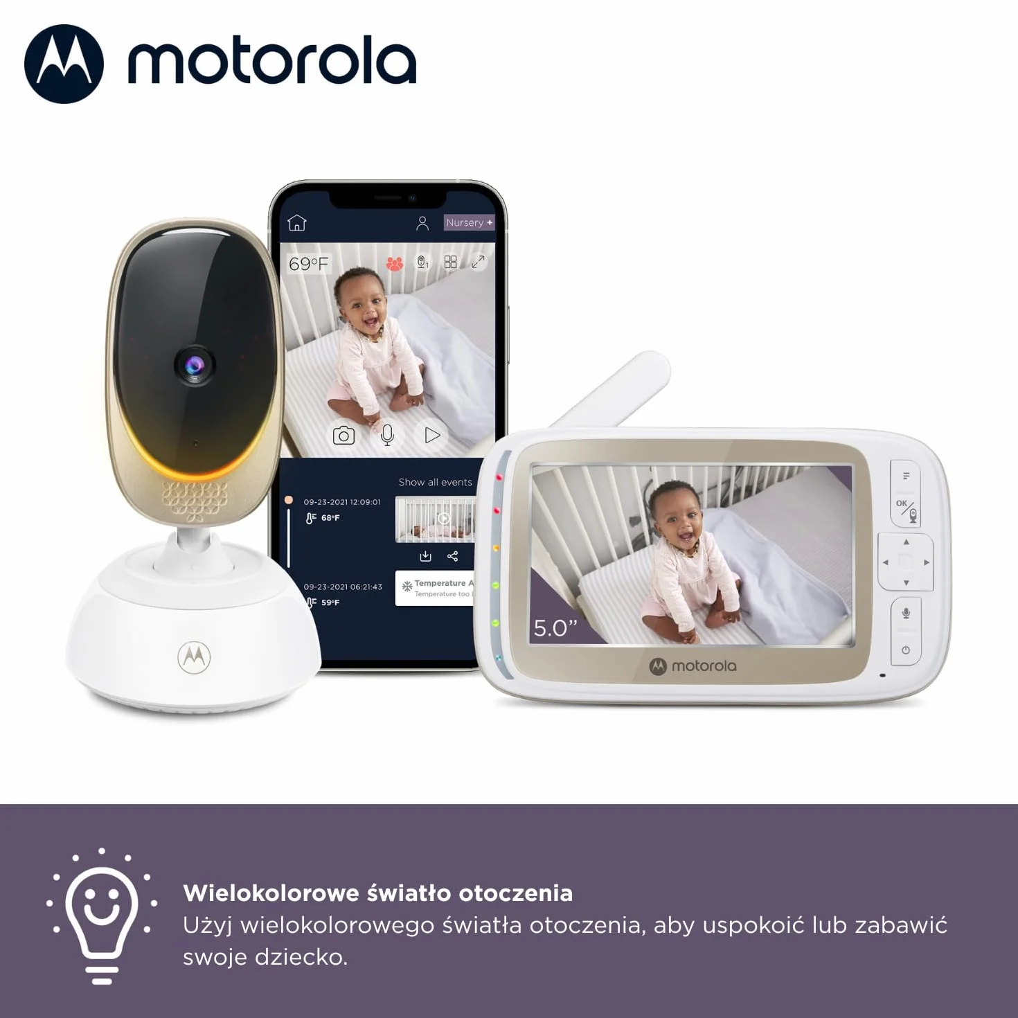 Motorola Nursery VM85 Connect Baby Monitor z kamerą – WiFi i aplikacja mobilna, wyświetlacz 5”, widzenie nocne, obrót/pochylenie, dwukierunkowa rozmowa, kołysanki