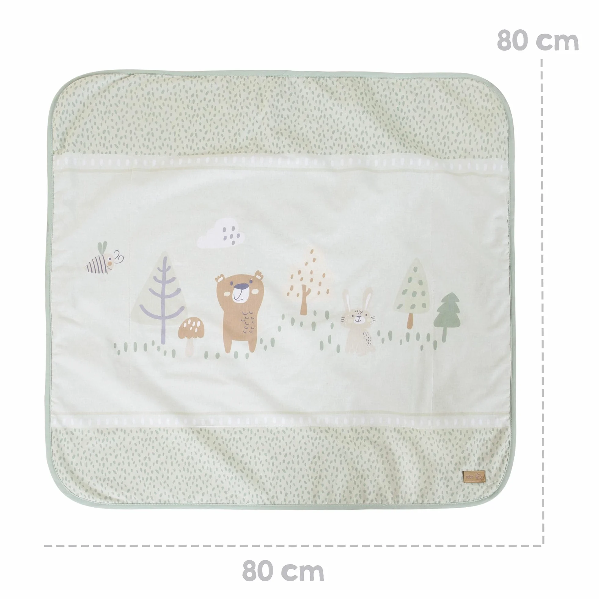 roba kocyk dla niemowląt Woodland Buddies 80 × 80 cm – koc dwustronny – bawełna & polar ultra miękki – motyw misia, zająca & pszczoły – pastelowa zieleń & srebrnoszary