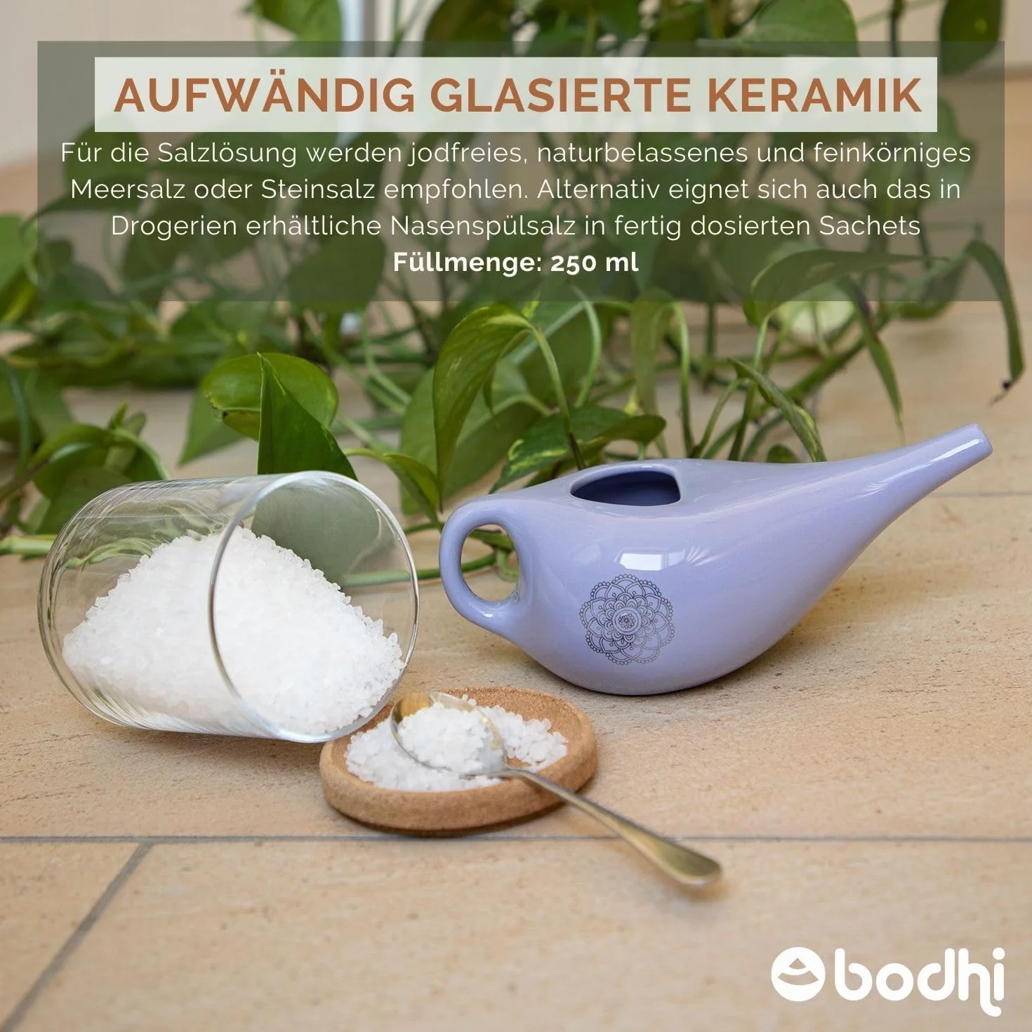 bodhi NETI POT - Bricco per il naso in ceramica Neti con mandala (argento), caraffa per il risciacquo del naso, Nethi Pot