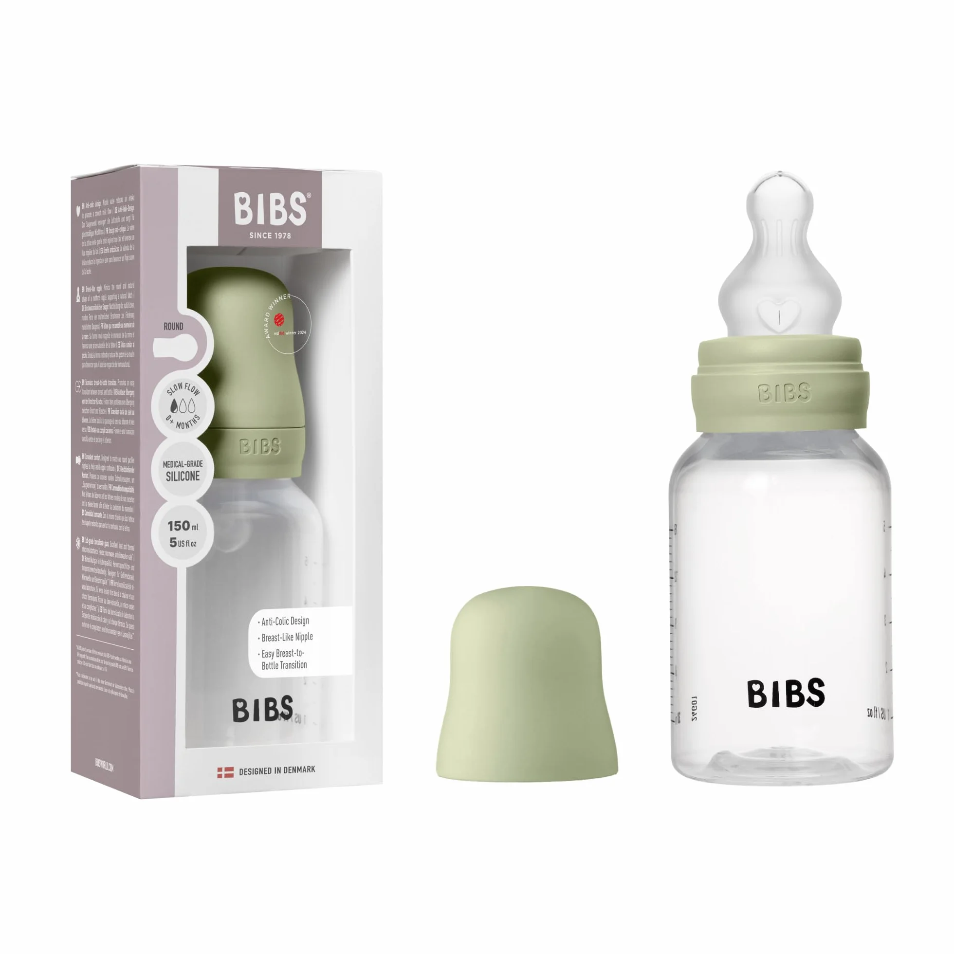 Butelka Bibs o pojemności 150 ml z silikonowym smoczkiem, funkcja antykolkowa, bez BPA, okrągły smoczek, powolny przepływ, odpowiednia dla noworodków - Sage