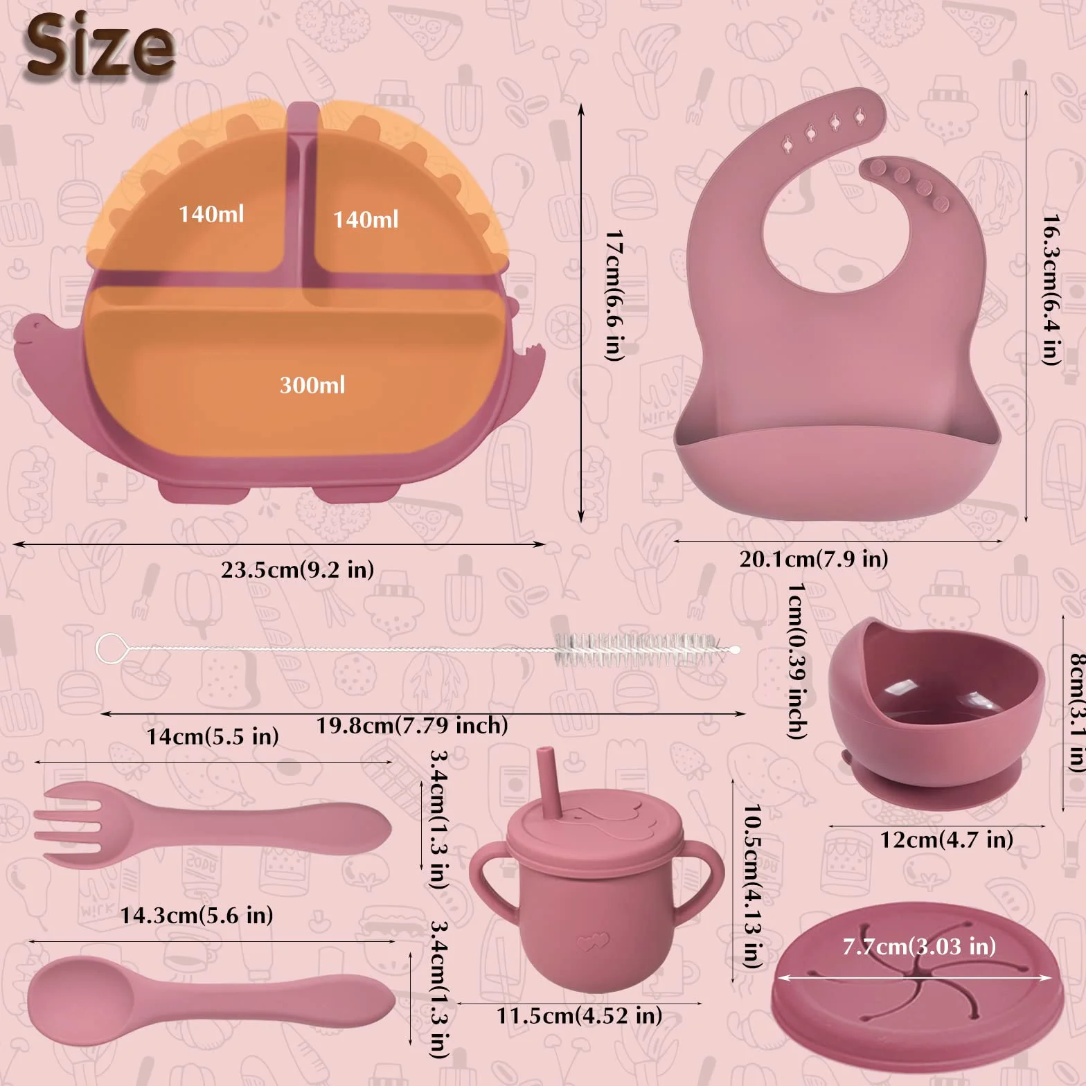 Delven Silikonowy zestaw naczyń z przyssawką, miska, łyżka, widelec, śliniaczek, pokrywka na sztućce, 8 szt., antypoślizgowe bez BPA, zestaw na posiłki dla niemowląt, dziewczynek, różowy dinozaur