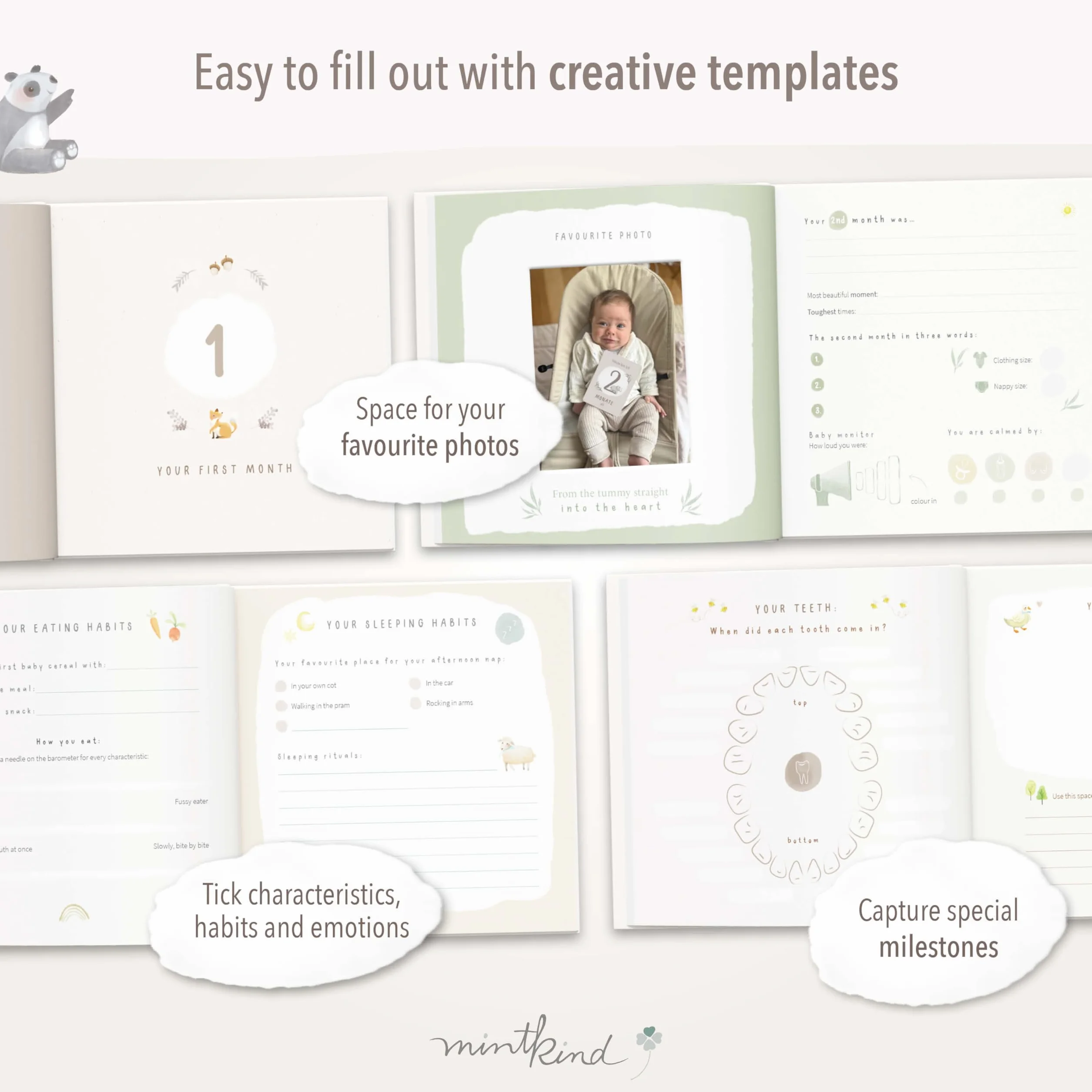 mintkind First Year Baby Journal – 176 Page Memory Book to Document Baby Milestones – Sage Green Hardcover – neutralny album fotograficzny dla płci – mocny prezent dla urodzin lub baby shower