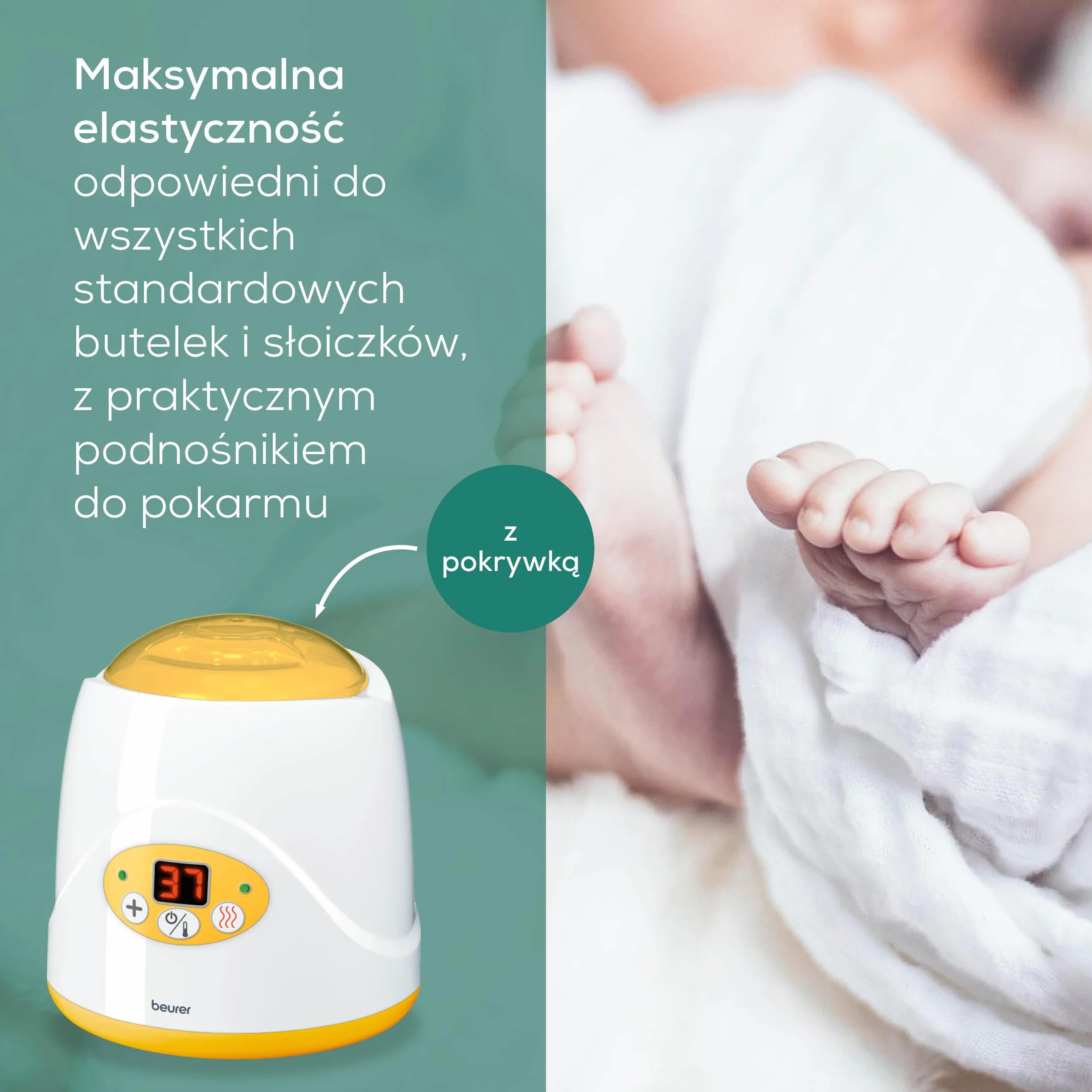 Beurer BY 52, podgrzewacz do butelek i żywności dla niemowląt, podgrzewa, utrzymuje ciepło, czas podgrzewania 8 minut, cyfrowy wyświetlacz temp., do wszystkich popularnych butelek dla niemowląt, 1 szt