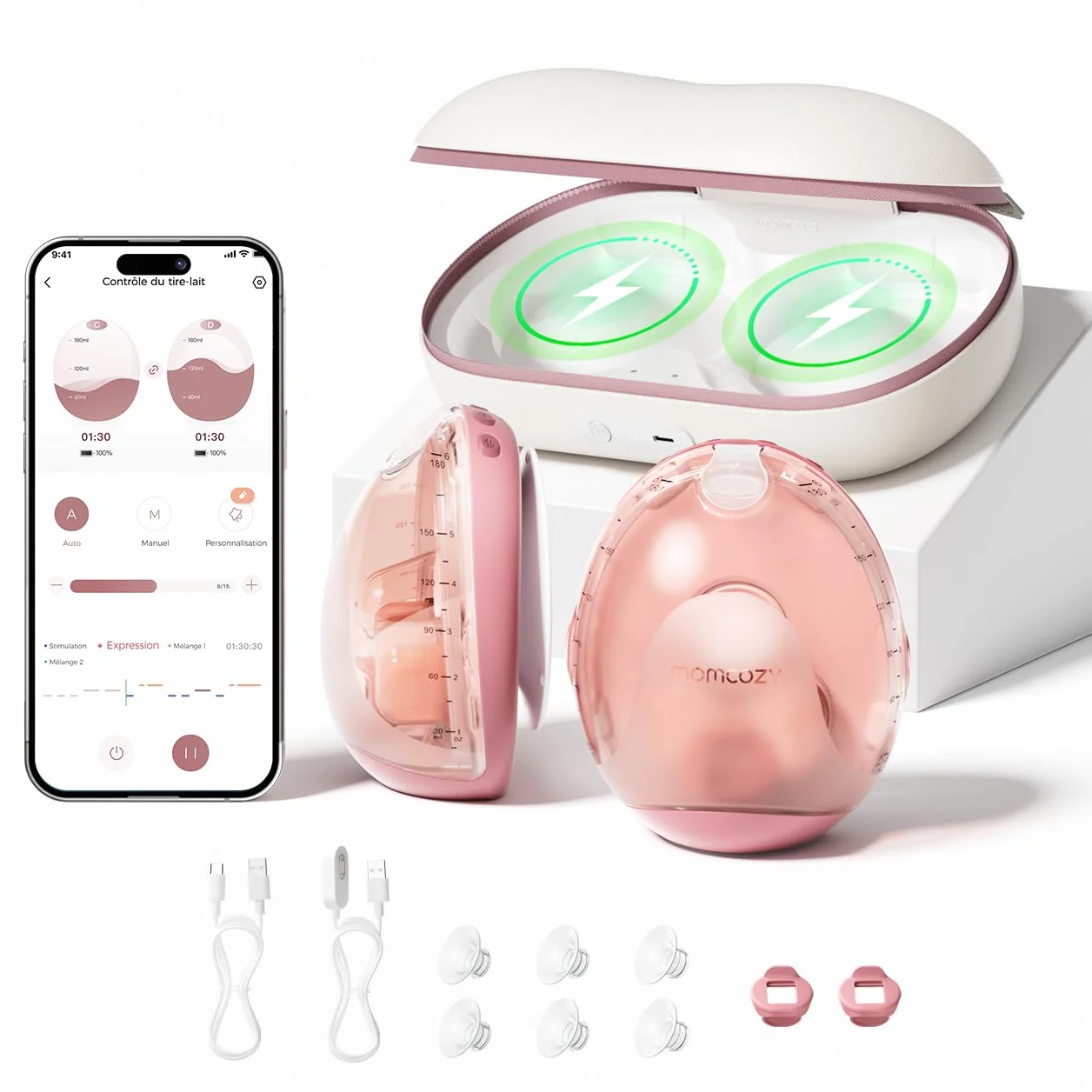 Momcozy Air 1 Niezwykle Cieniutki Laktator, Przenośny Laktator Bezprzewodowy z Etui Ładującym i Sterowaniem przez Aplikację z Trybem Automatycznym i Alerty o Napełnieniu, Przezroczysta Góra