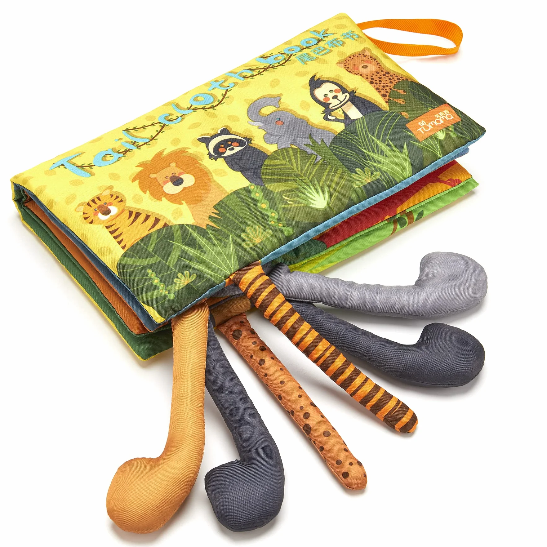 TUMAMA KIDS Baby Clolth Dierenboek, Książki z tkaniny, sensoryczna książka miękkie zabawki 3D ogony dżungli, piszczący i marszczący dźwięk, Książka do kąpieli wczesna nauka 0-3-6-9-12-18 miesięcy