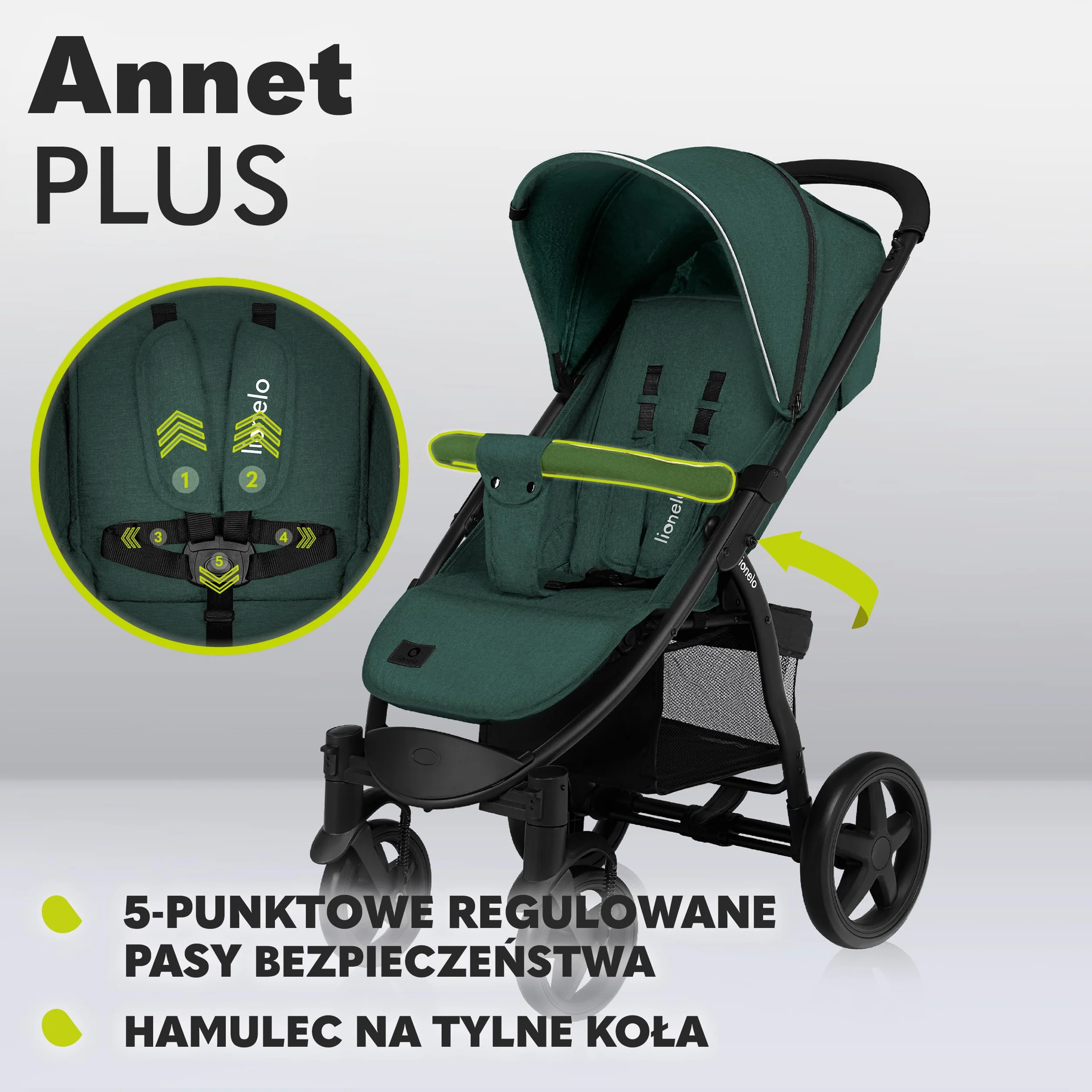 LIONELO Annet Plus wózek spacerowy do 22 kg, regulacja oparcia do pozycji leżącej, łatwe składanie, koła EVA, 5-punktowe pasy, daszek XXL, ocieplacz moskitiera (zielony)