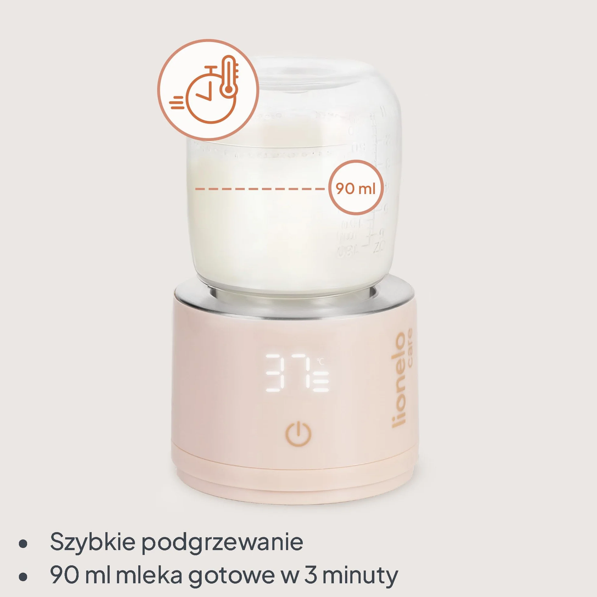 Lionelo Thermup Swift Podgrzewacz do Butelek Przenośny Bezprzewodowy, USB-C, Szybkie Podgrzewanie w 3 Min, 4 Temperatury 37-50 C, Podtrzymanie do 6 h, 5 Adapterów, Czujnik Braku Cieczy, z Akumulatorem