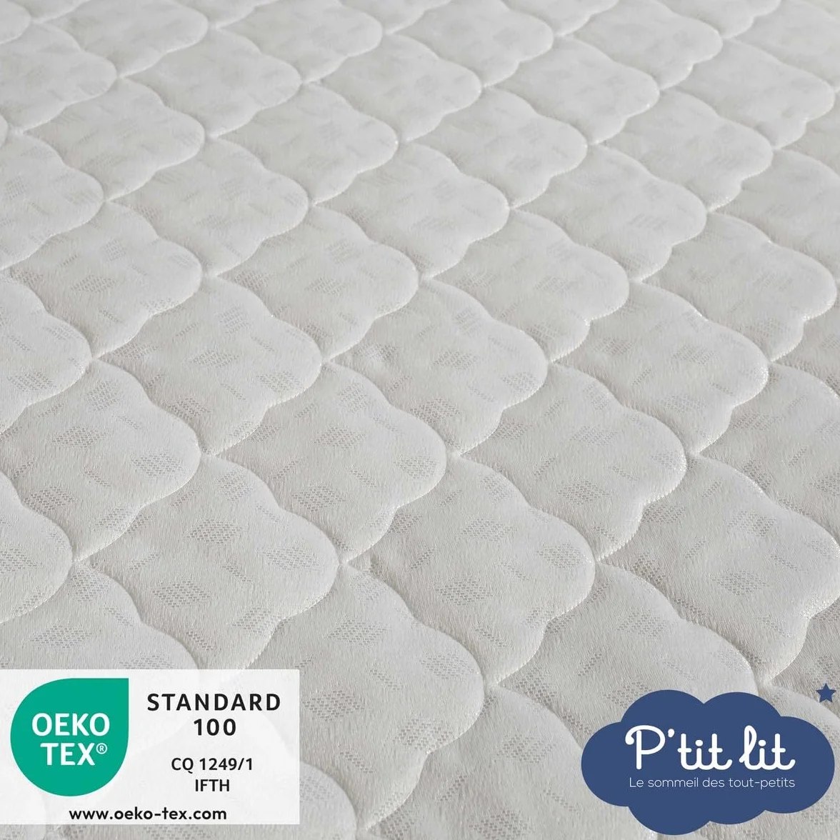 P'tit Lit - Materac dziecięcy z poliuretanu Niezbędny - 60x120 cm - Klimatyzacja : 1 strona Lato / 1 strona zimowa - Oeko Tex - Wyprodukowano we Francji, Biały