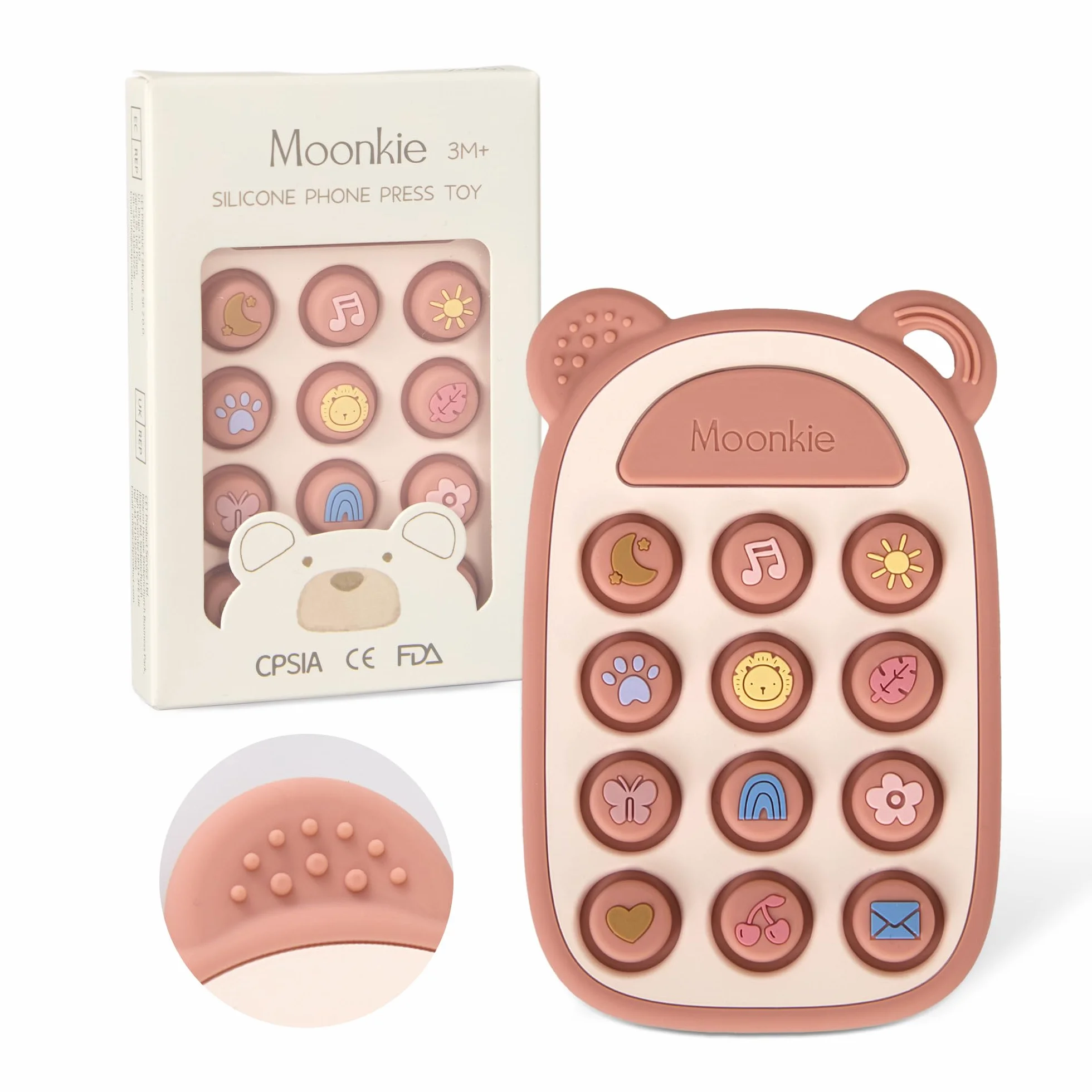 Moonkie Zabawka Ząbkowana dla Niemowląt, Silikonowy Telefon Gryzak, Pop Fidget It Toy, Zabawka do Gryzienia dla Dzieci 3 Miesięcy+, nie Zawiera BPA, Pomoc w Ząbkowaniu(Rumieniec)