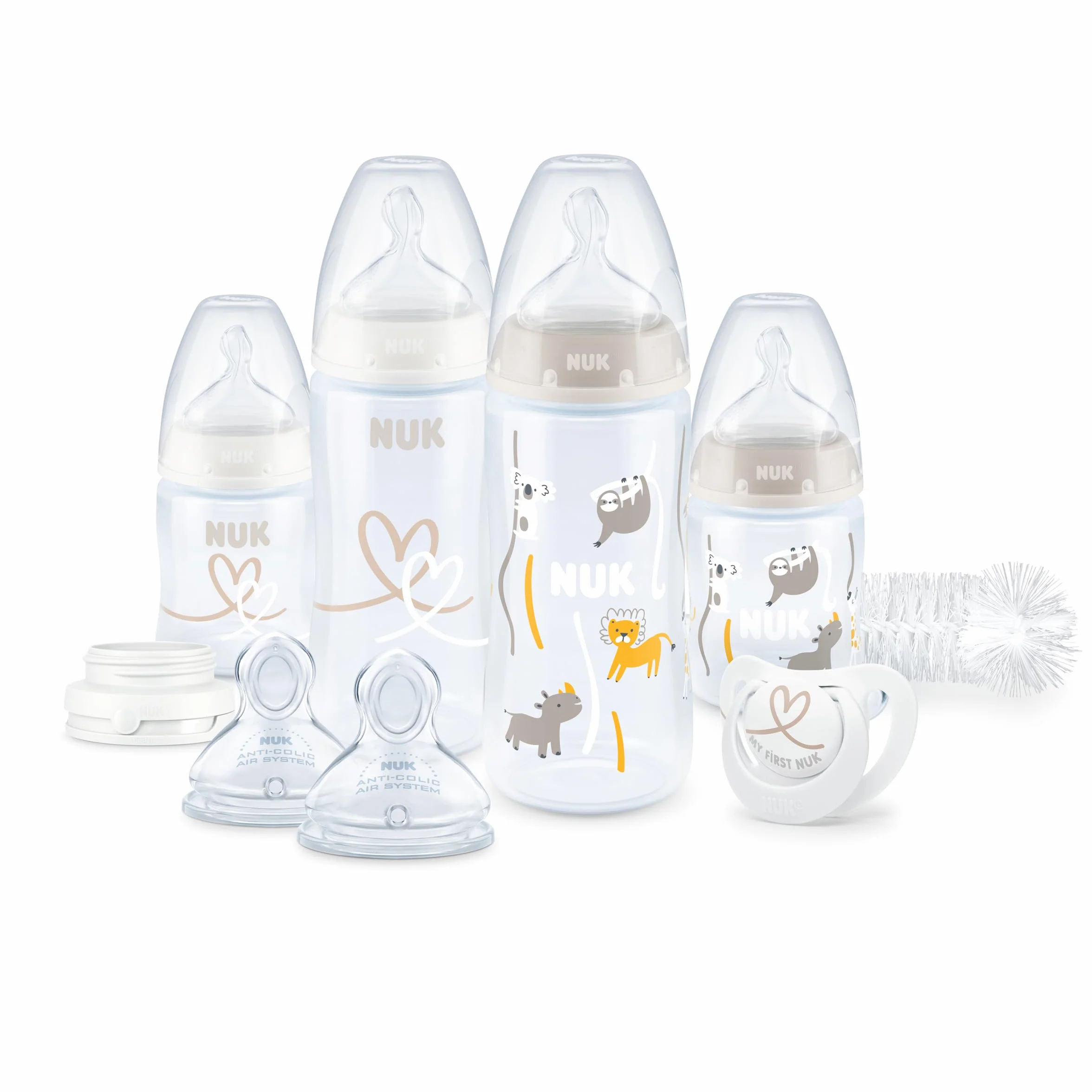 NUK First Choice + Butelka dla niemowląt | 0–6 miesięcy | Wskaźnik kontroli temperatury | Otwór antykolkowy Anti Colic | 300 ml | Produkt nie zawiera BPA | Smoczek silikonowy | Safari | 3 elem