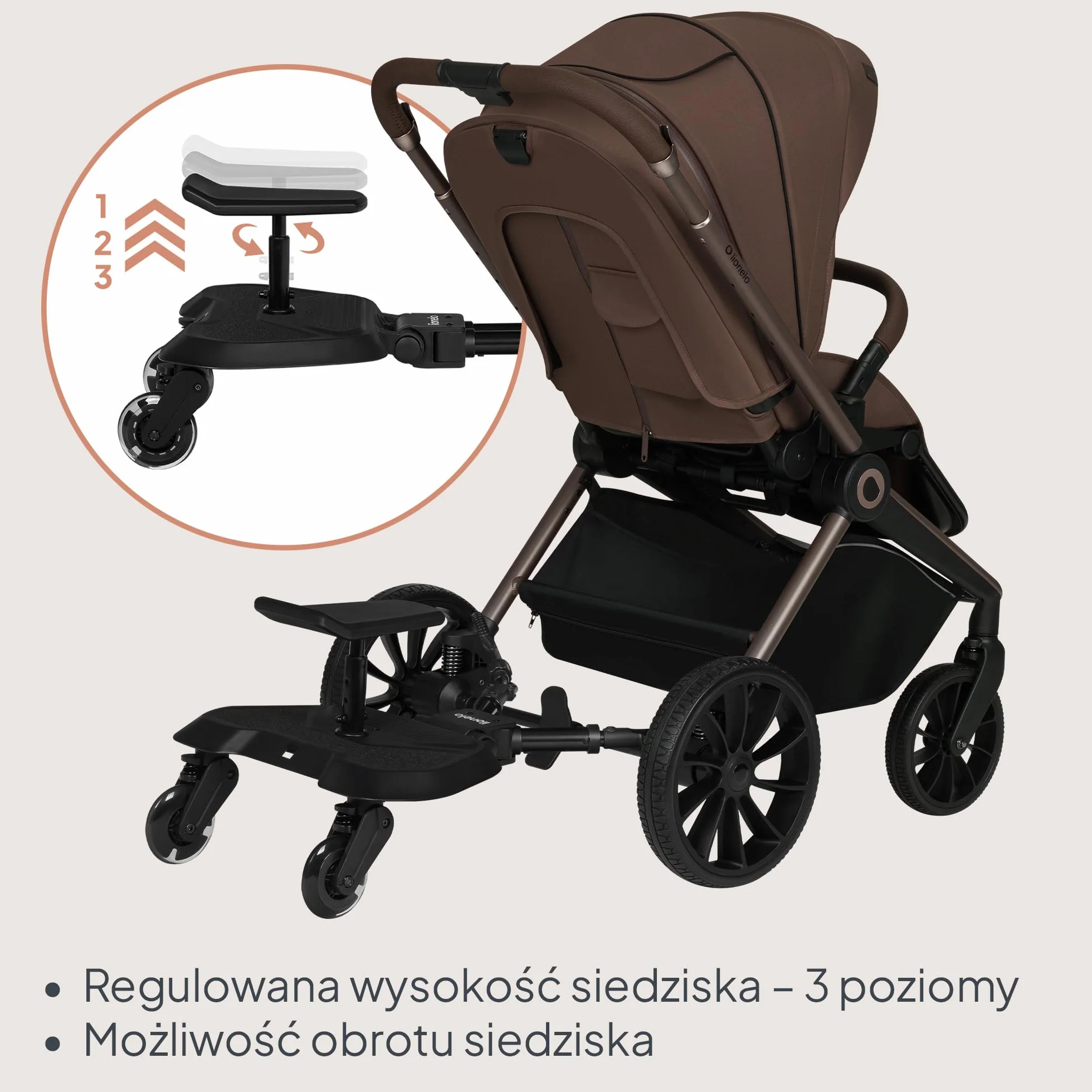 LIONELO Deska do wózka dziecięcego 2 w 1, ze zdejmowanym siedziskiem, uniwersalne dopasowanie, amortyzacja uderzeń, koła LED, do 25 kg, dla dzieci w wieku 2-5 lat