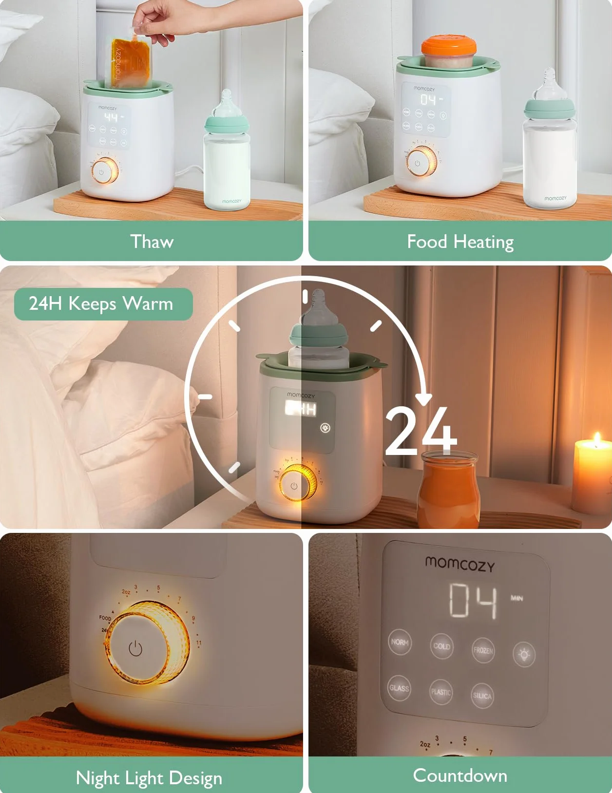 Momcozy Nutri, ogrzewacz do butelek dla niemowląt 9 w 1 z lampką nocną, dokładna regulacja temperatury, utrzymuje składniki odżywcze w mleku matki, do wszystkich butelek z mlekiem matki lub mieszanki