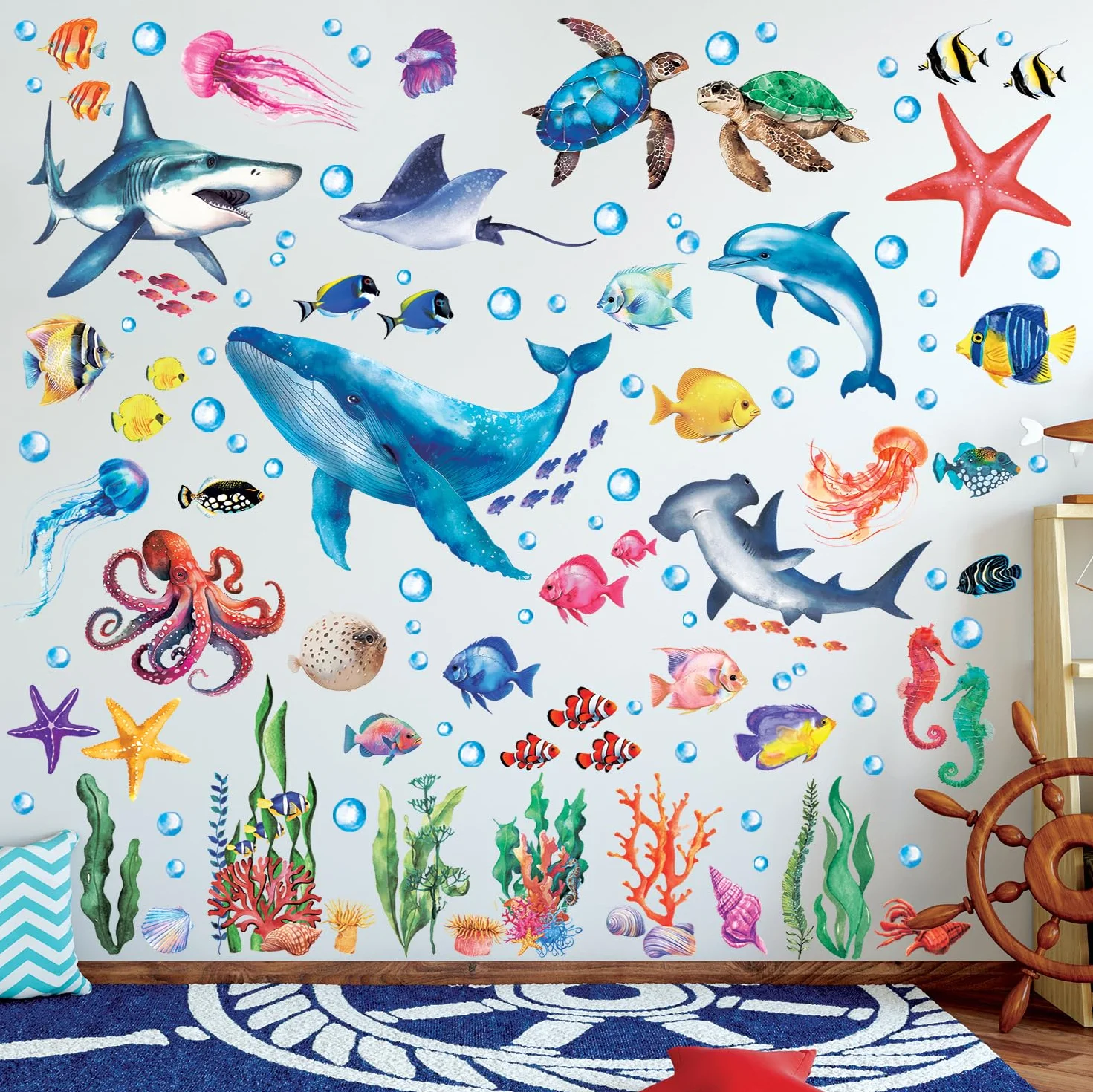 DECOWALL DS12-8078 pod wodą naklejka ścienna tatuaż ścienny ryby ocean ryby wodorosty naklejka ścienna łatwa do zdjęcia dla dzieci pokój dziecięcy pokój niemowląt sypialnia salon łazienka dekoracja