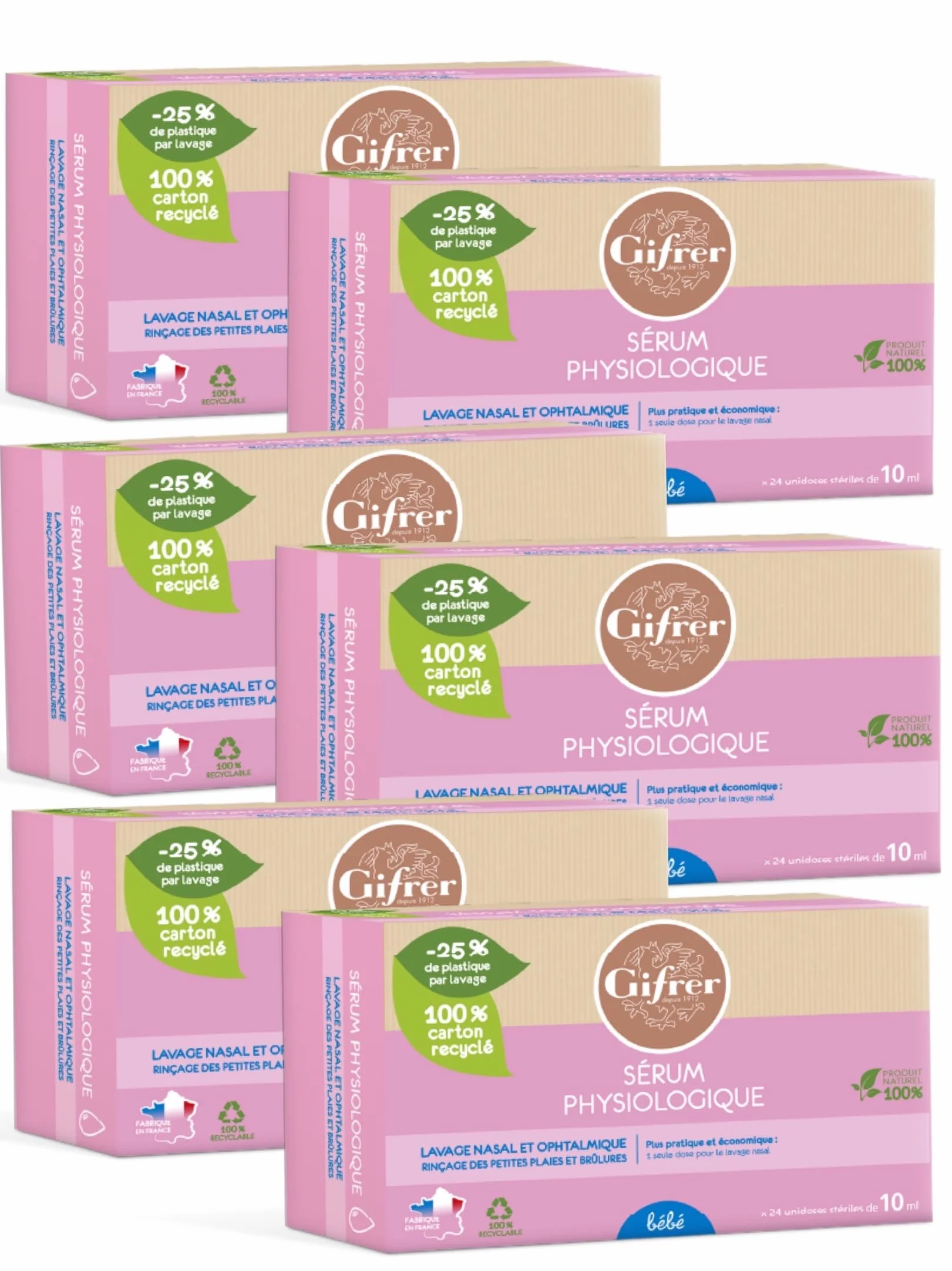 Gifrer Serum fizjologiczne mycie nosa i okulistyczne NOWE - Opakowanie 6 pudełek 24 x 10 ml