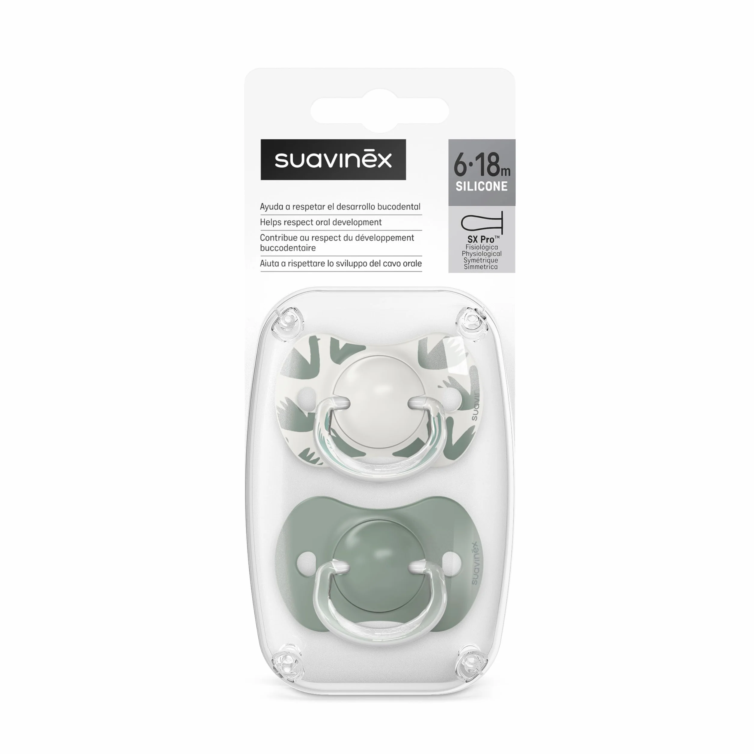 Suavinex SX Pro, silikonowy smoczek, dla dzieci w wieku 6-18 miesięcy, z płaskim i elastycznym daszkiem, 2 szt