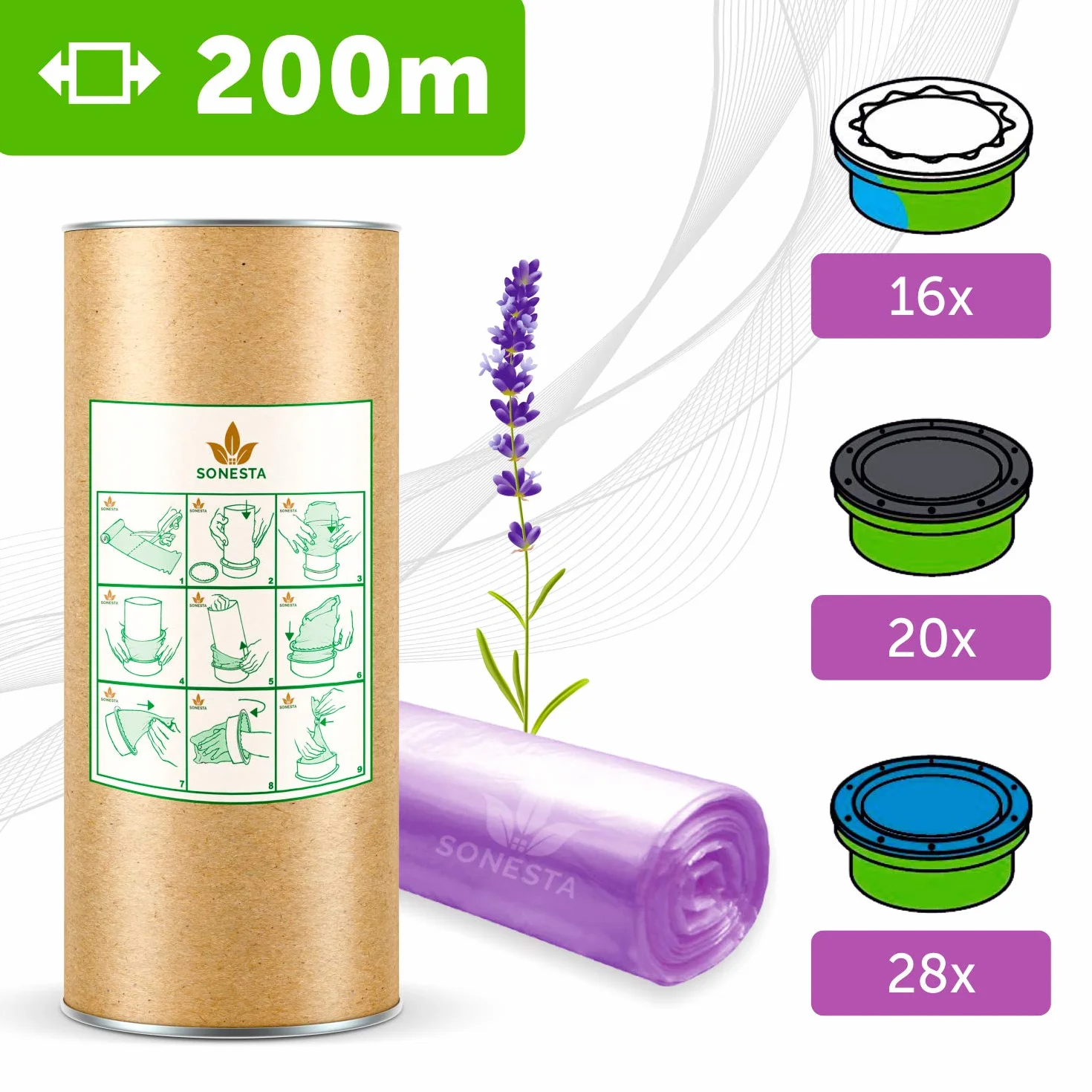 200 m. Wkłady do kosza na pieluchy ECO kompatybilne z Tommee Tippee Tec, Twist & Click, Simplee | Kompatybilne z Angel | + karton do łatwego napełniania - zapach lawendowy - DEO bez zapachu