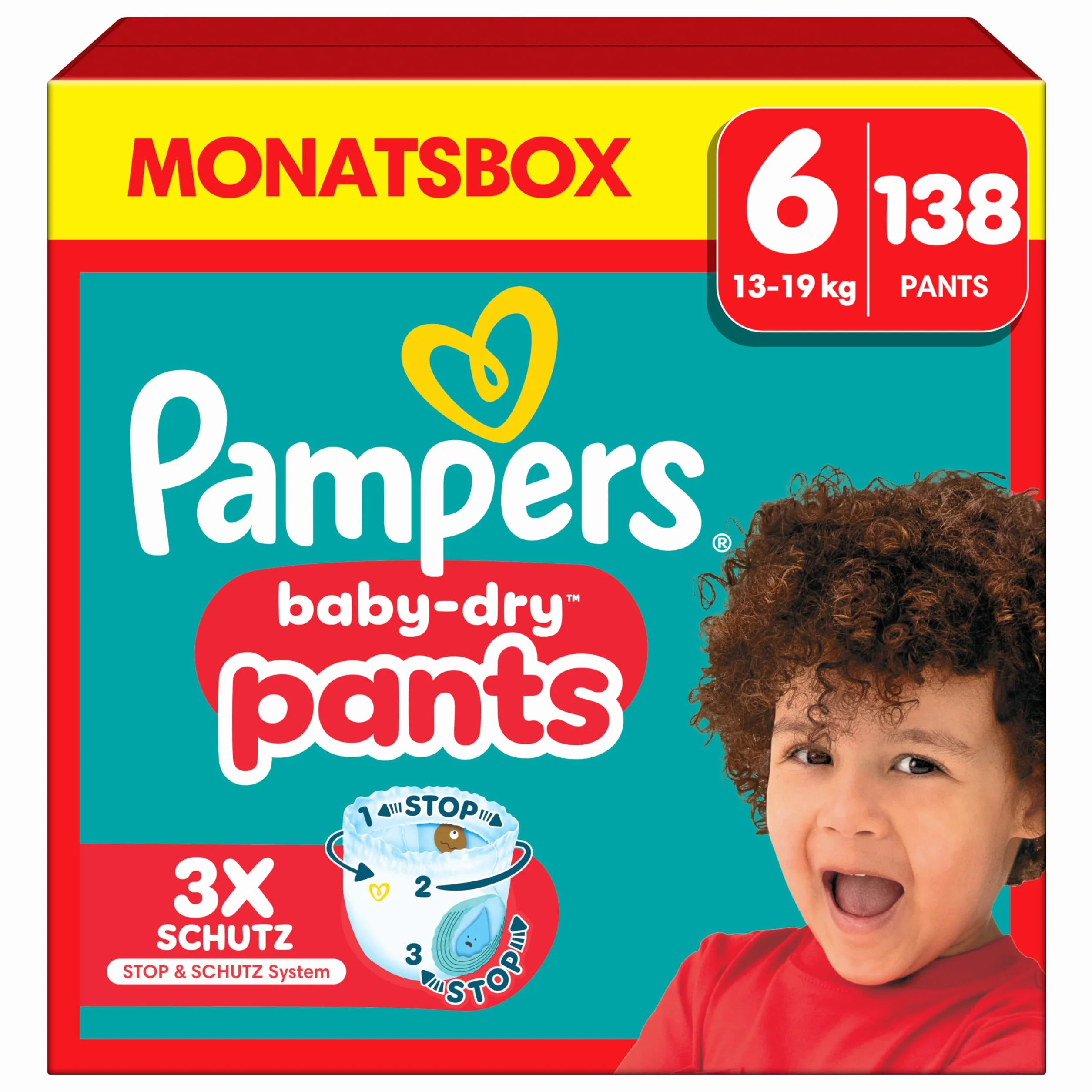 Pampers Spodnie Baby-Dry. Rozmiar 6, 138 pieluch, 14-19 kg, 360° Zabezpieczenie przed wyciekiem z kieszenią Stop & Protect na noc do 100% bez wycieków, opakowanie 1 miesiąc