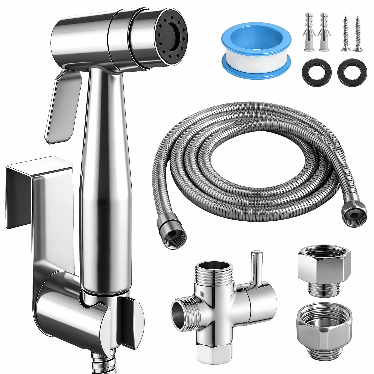 Bidet słuchawka prysznicowa, opryskiwacz bidetowy, stal nierdzewna, z zaworem T G1/2" i adapterem do toalety G3/8", wąż 150 cm, toaleta z hakiem lub uchwytem ściennym, słuchawka prysznicowa, pielucha