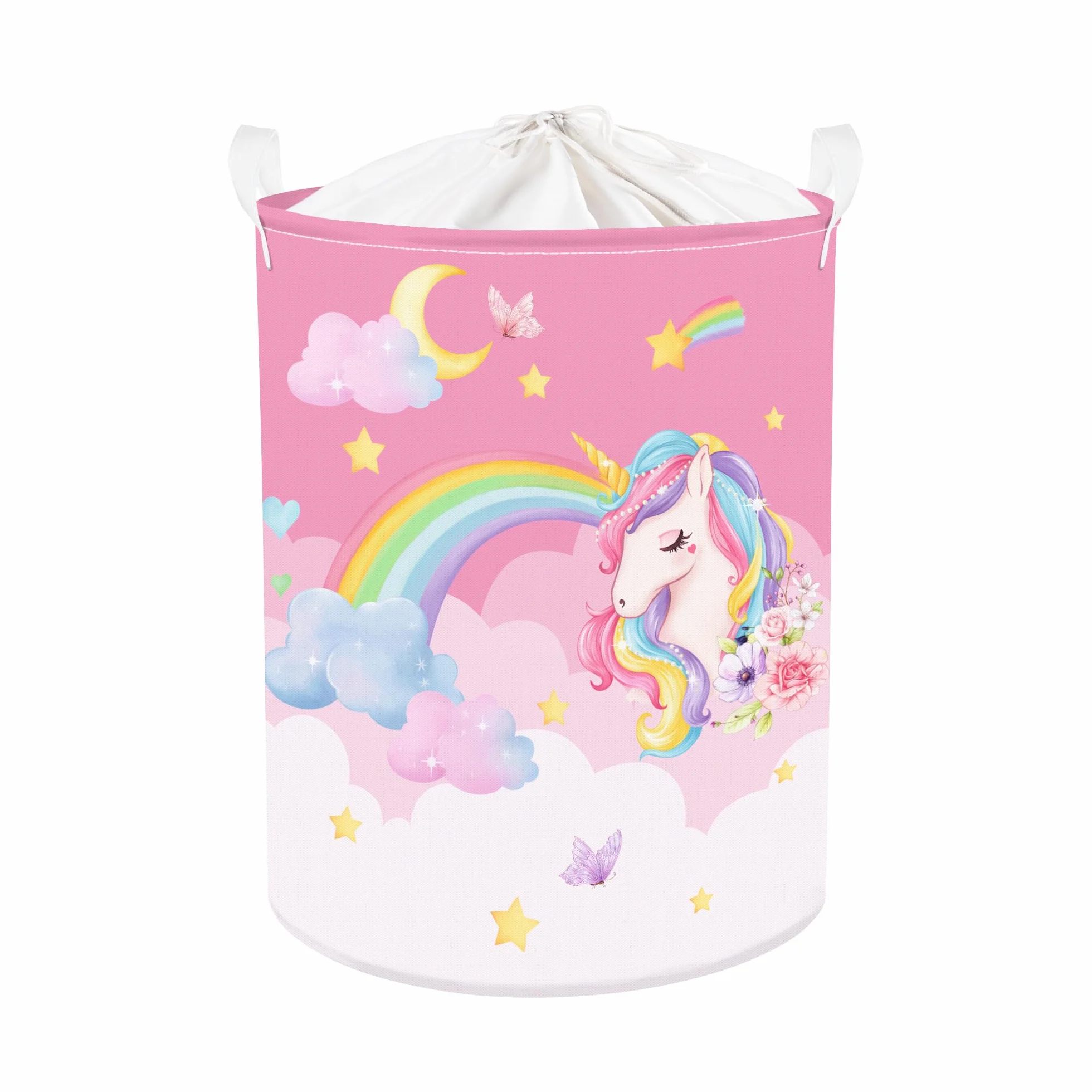 Clastyle 45L Kosze Pościel Jednorożec Rainbow Chmura Księżyc Gwiazdy Kwiat Kosz Zabawki Różowy Okrągły Okrągły Składany do Pokoju Dziecięcego, 36x45 cm, CTS0186