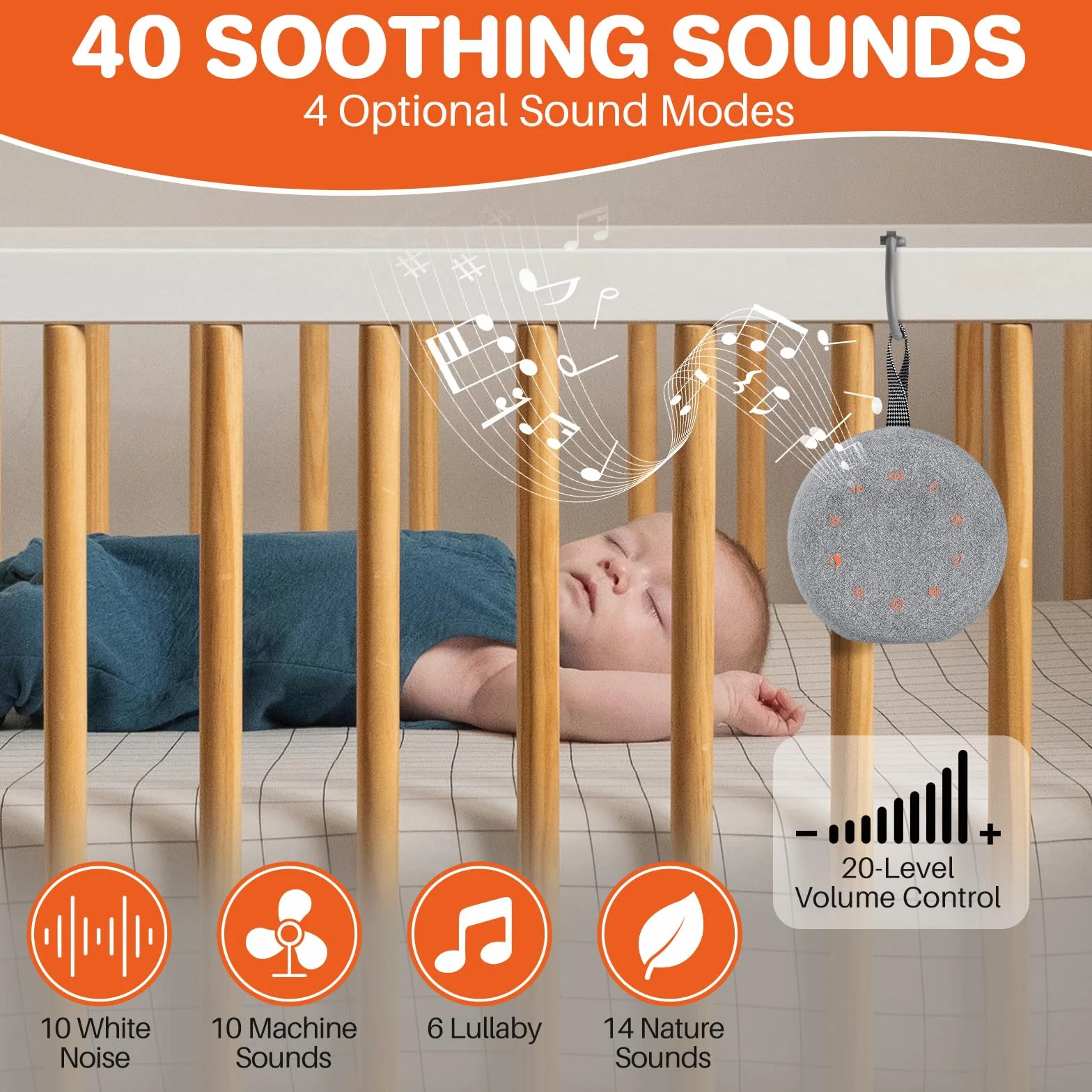 FUNYKICH White Noise Baby, przenośna maszyna z białym szumem dla niemowląt, pomoc w zasypianiu dla niemowląt z 40 muzykami (10 białych szumów) + 7 kolorowych świateł + 4 timery + wiszące pierścienie
