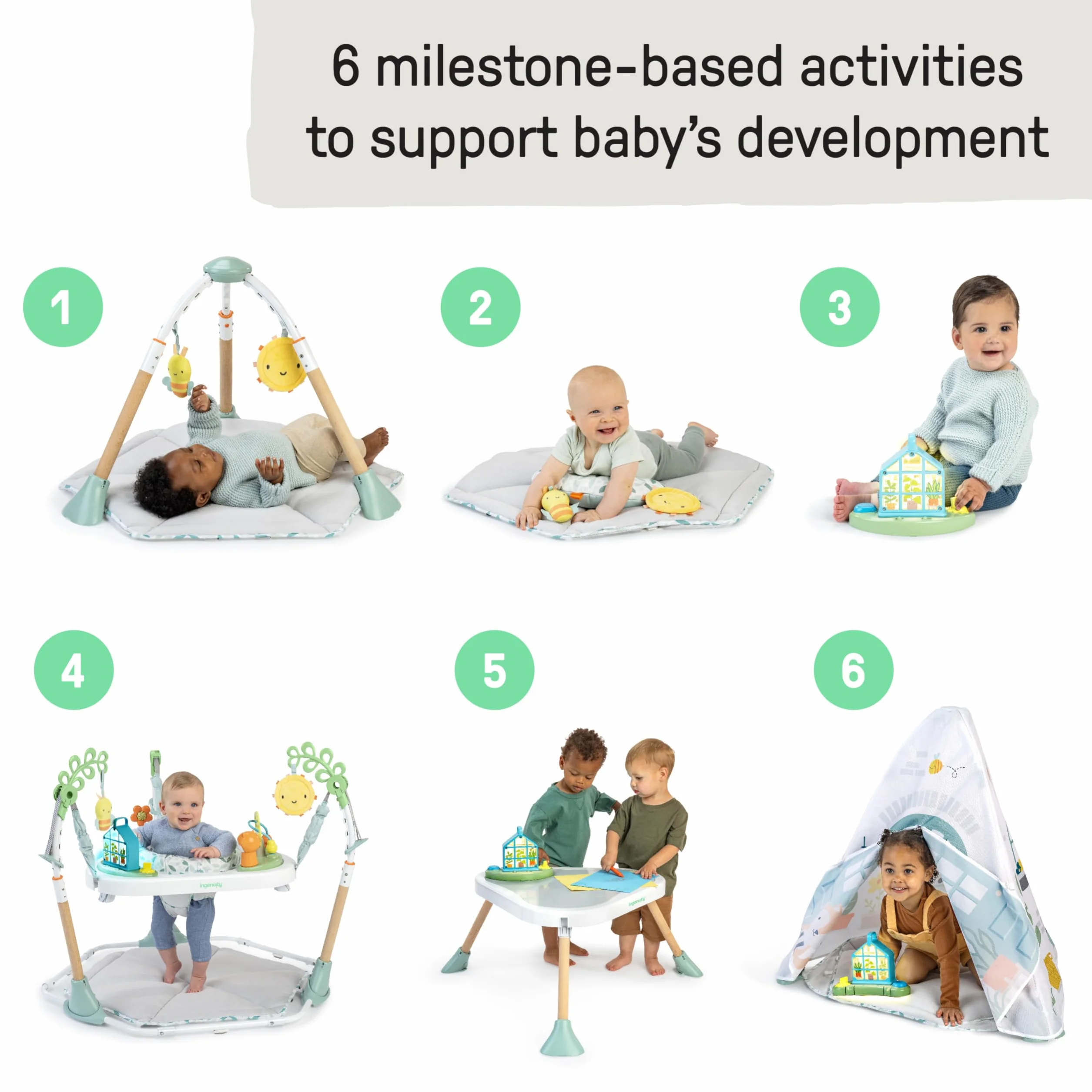 Ingenuity Tummy-To-Toes Mata do budzenia 6 w 1, łuk aktywności, składany dywan, muzyka i dźwięki natury, światła, skok Youpala, stół, powierzchnia do zabawy, dla dzieci w wieku 0-4 lat