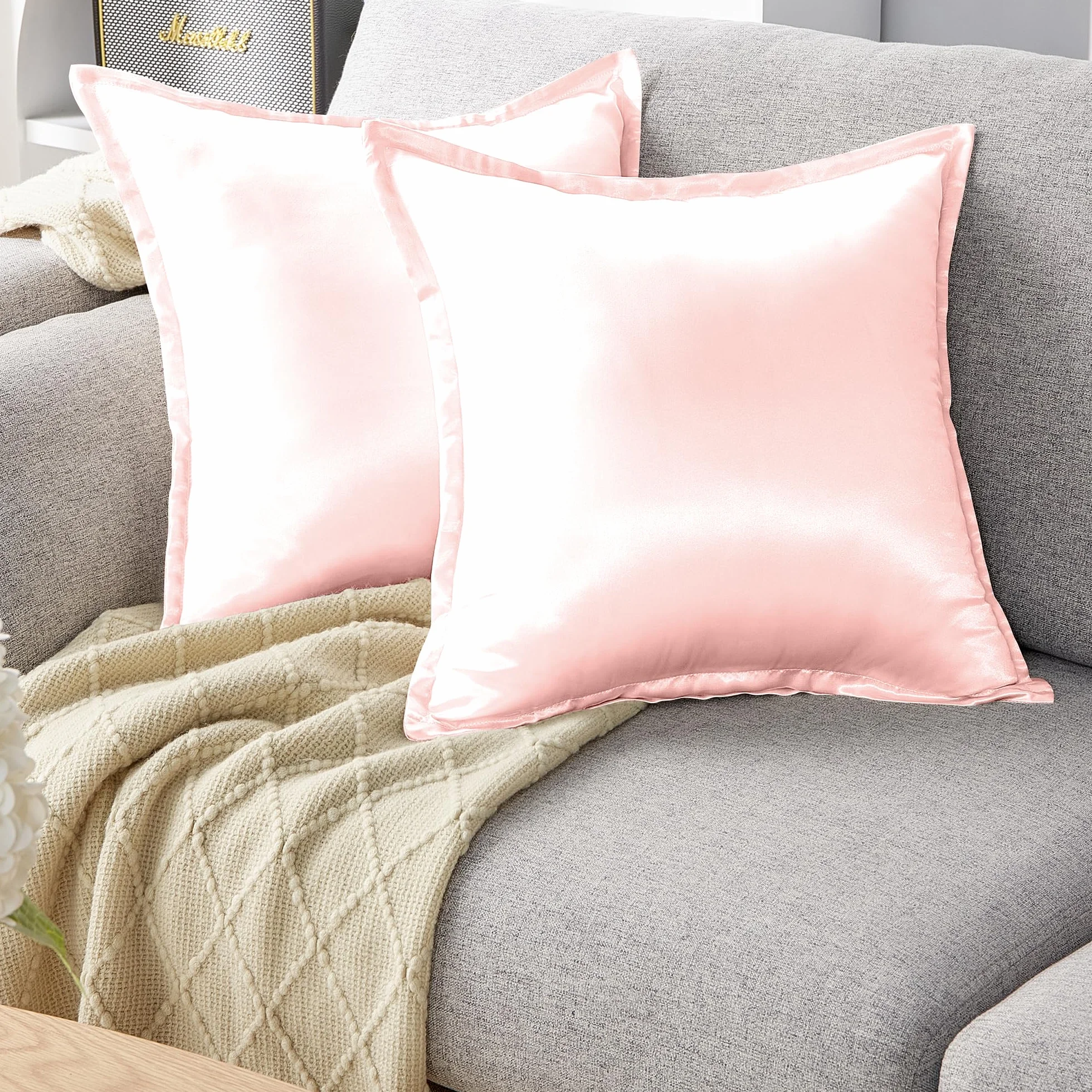 Zestaw 4w1: 2x Satynowa Poszewka 40x40cm + 2x Opaska | Certyfikat OEKO-TEX® | Miękki i Błyszczący Jak Jedwab | Ochrona Włosów | Pranie Maszynowe Koralowy