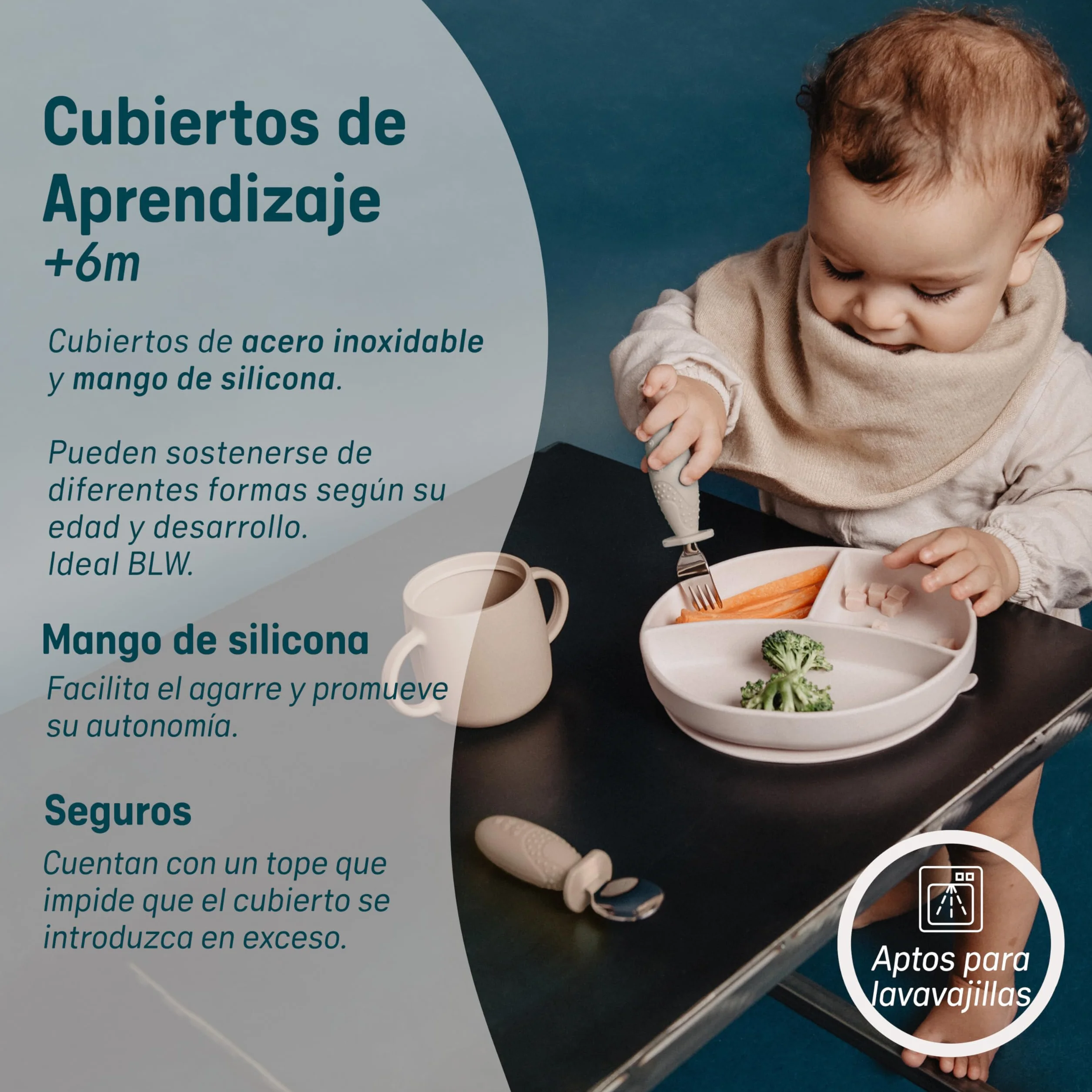 Suavinex, Sztućce do nauki dzieci, łyżka i widelec ze stali nierdzewnej, antypoślizgowy silikonowy uchwyt, ergonomiczny, BLW, i +6 miesięcy, można myć w zmywarce, zielony