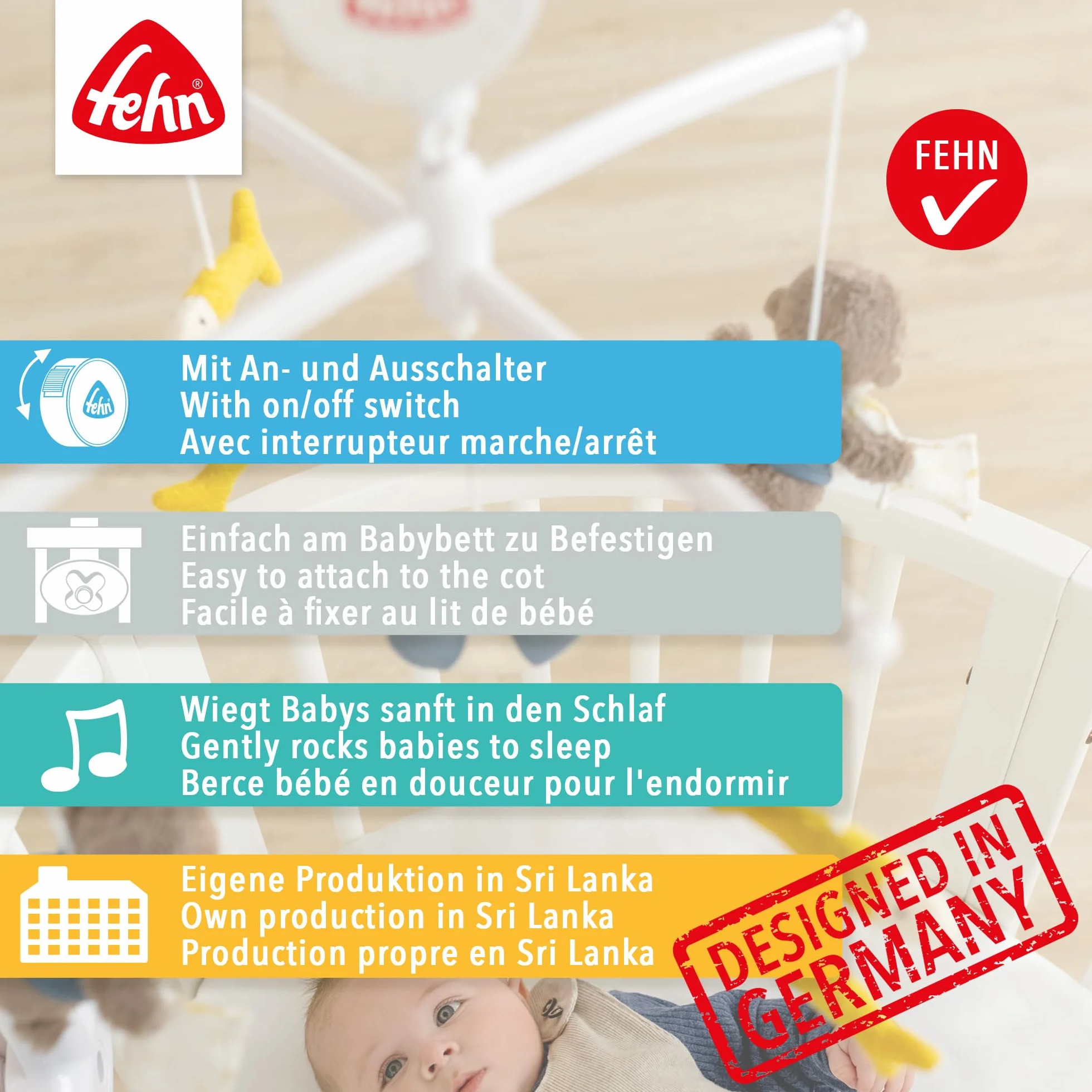 Fehn Muzyka mobilna dla dzieci morskich – pomoc w zasypianiu dziecka zabawka muzyczna – pozytywka melodia "Sleep Kindlein Schlaf" – akcesoria do łóżeczka dziecięcego, zabawka dla niemowląt i