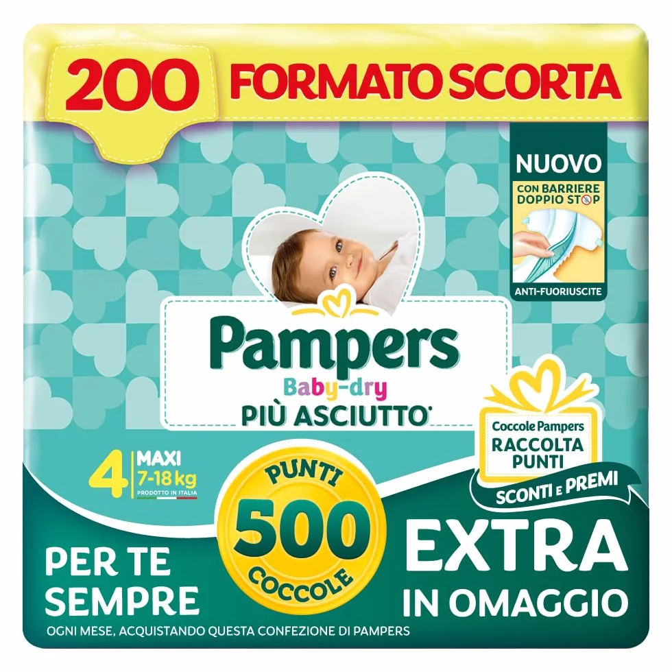 Pampers Baby Dry Maxi, rozmiar 4 (7-18 kg), 200 pieluch, 500 punktów, dodatkowe przytulanki w zestawie