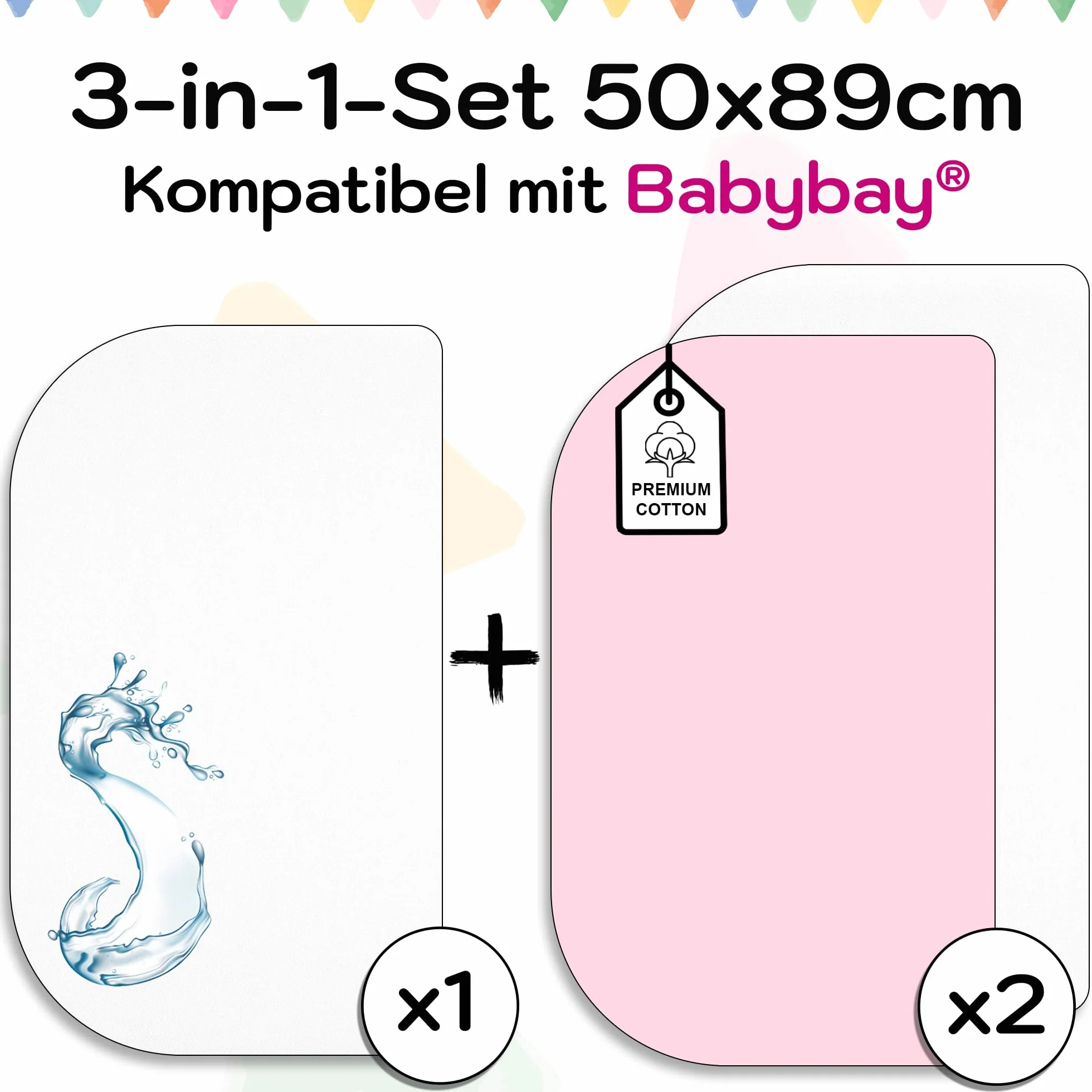 BabyBay prześcieradło z gumką X2 + ochraniacz na materac X1-50 x 89 cm, prześcieradło z gumką dla niemowląt, kompatybilne z Maxi, Midi, Boxspring, Comfort, Comfort Plus, 100% bawełna (białe/różowe, 50