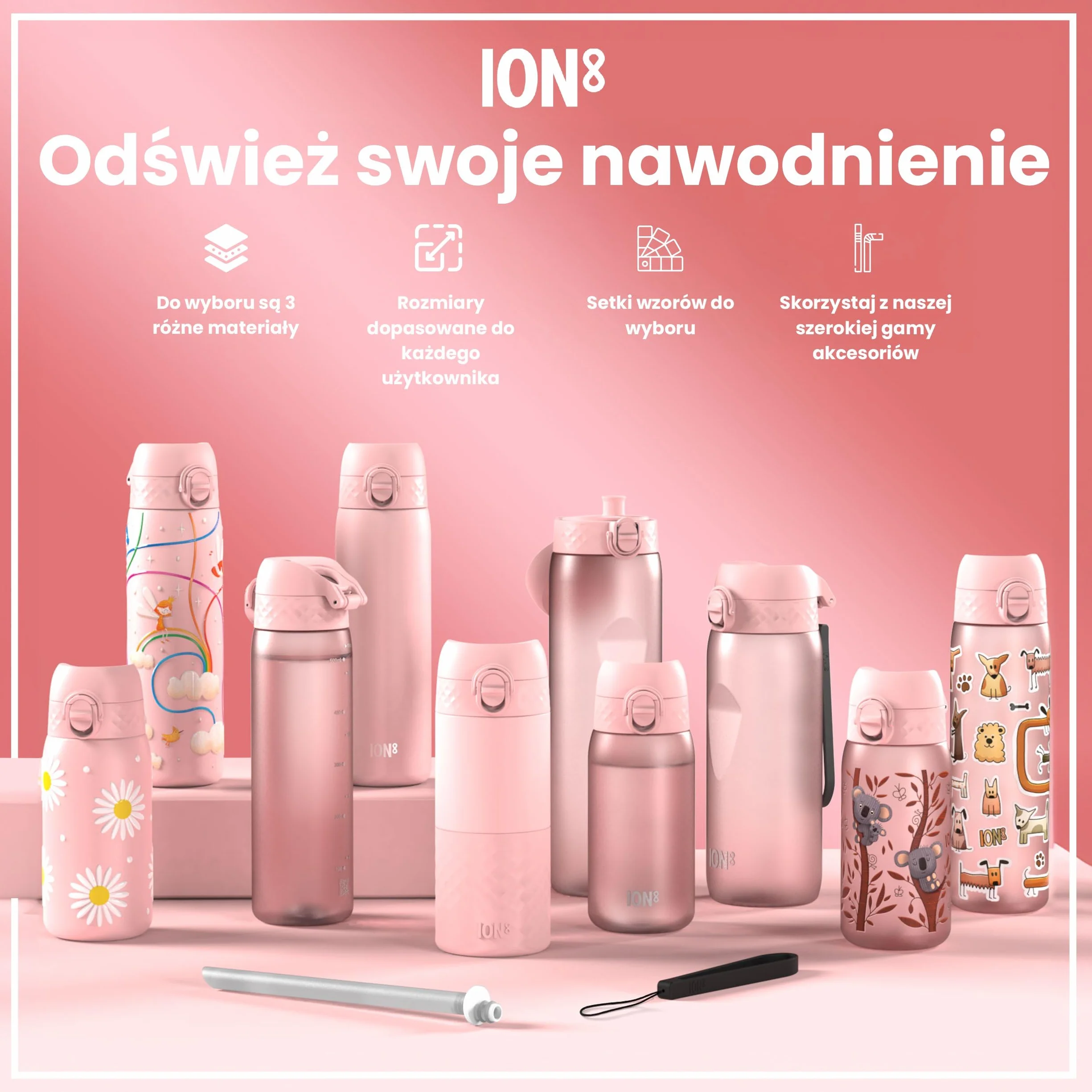 ION8 Butelka na Wodę, 500 ml/18 oz, Szczelna, Łatwe Otwieranie, Bezpieczny Zamek, Można Myć w Zmywarce, Bez BPA, Higieniczne Pokrycie, Uchwyt do Przenoszenia, Łatwa Czyszczenie, Liliowe Jednorożce