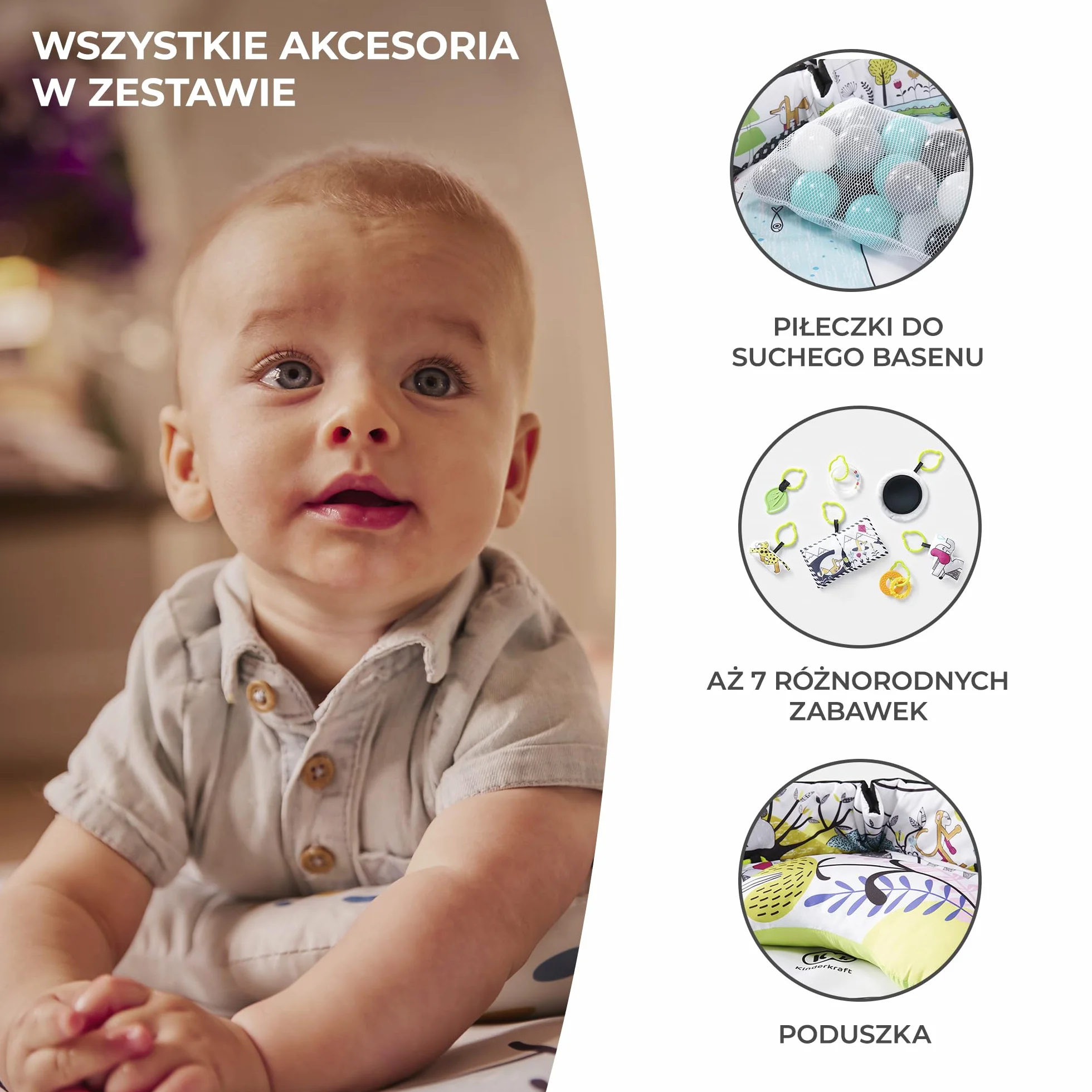 kk Kinderkraft Mata Edukacyjna SMARTPLAY, Interaktywna, Kontrastowe kolory, Funkcja suchego basenu, Regulowany pałąk z 7 zabawkami, 20 piłek, Poduszka, Wielokolorowy